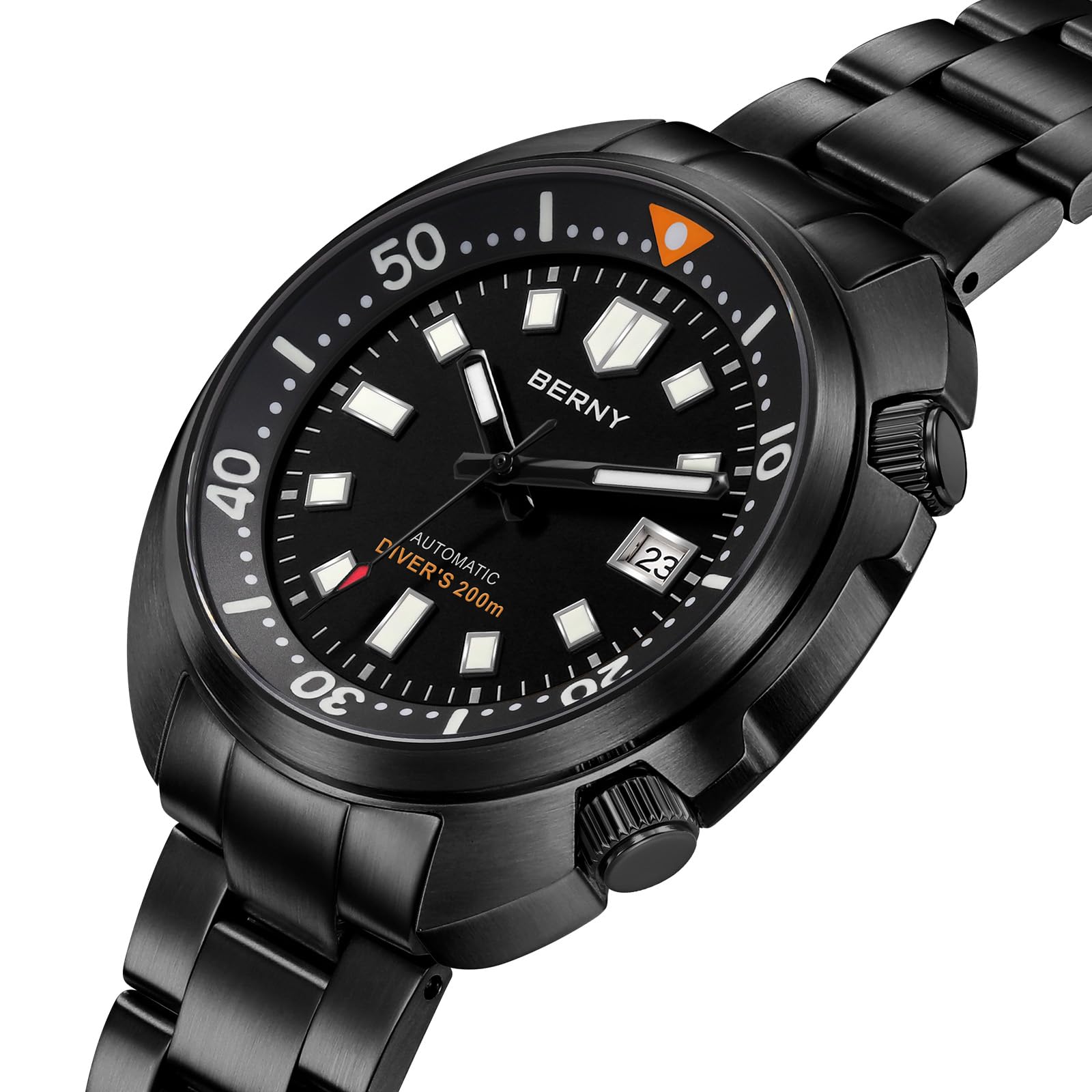 BERNY Reloj Automático Hombre Reloj De Buceo Todo Negro 200M Resistente Al Agua Reloj Analógico Mecánico De Pulsera Masculino con Fecha Super Luminosa Correa De Fluoroelastómero
