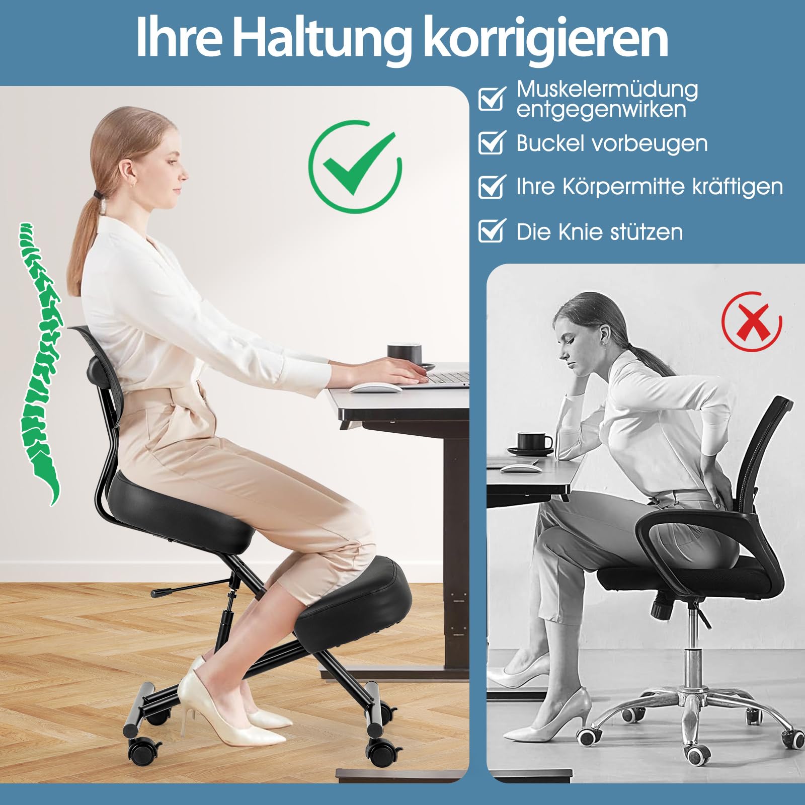 COSTWAY Ergonomischer Kniestuhl, Kniehocker mit schrägem Sitz zur Schmerzlinderung, Orthopädischer Bürostuhl mit feststellbaren Universalrollen, dick gepolsterte Kissen (mit Rückenlehne)