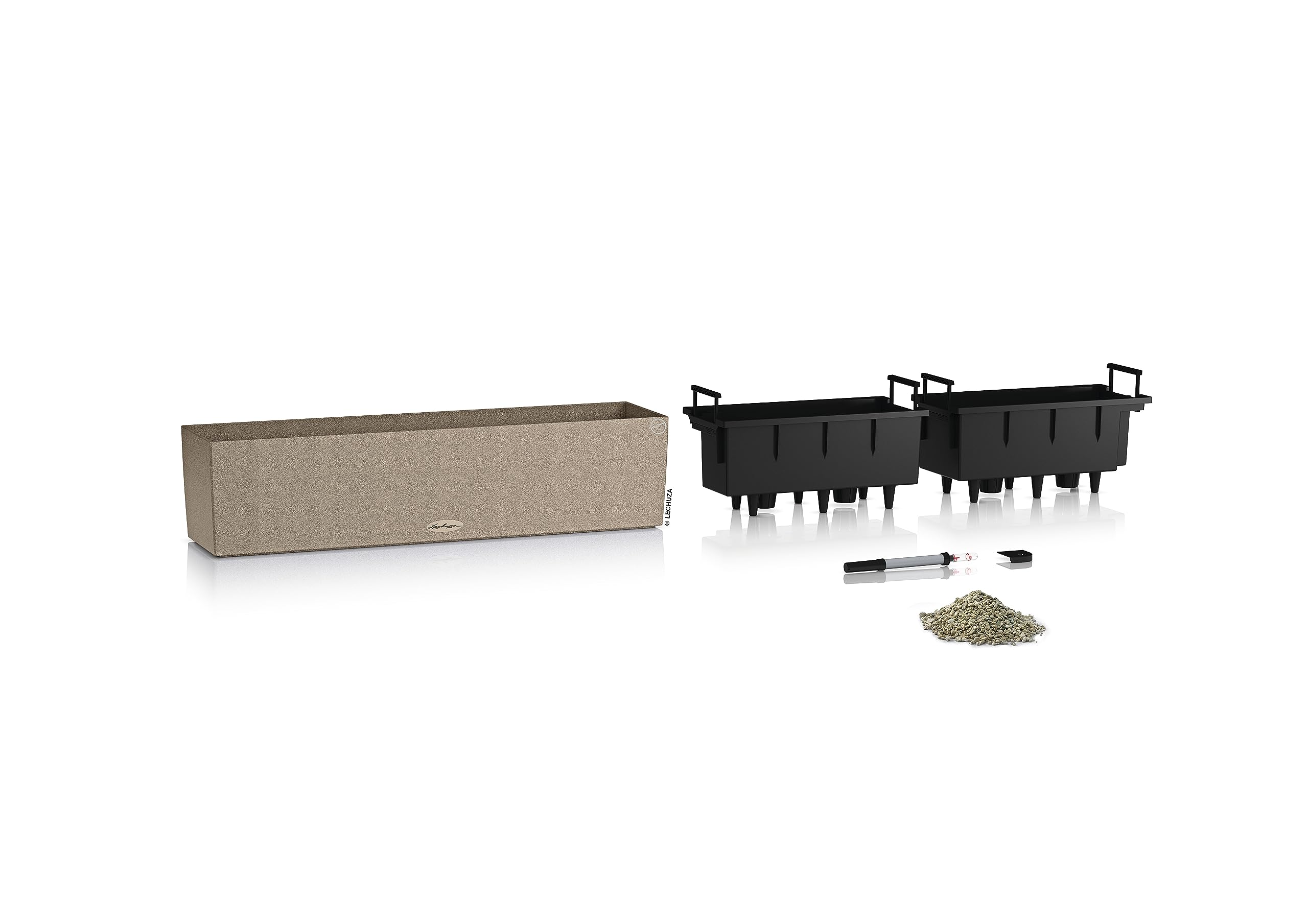 Lechuza BALCONERA Stone 80 - Maceta de riego automático para interiores y exteriores, mesa y ventana con orificio de drenaje y sustrato de plantas de poliresina H19 L79 W19 cm, color beige arena