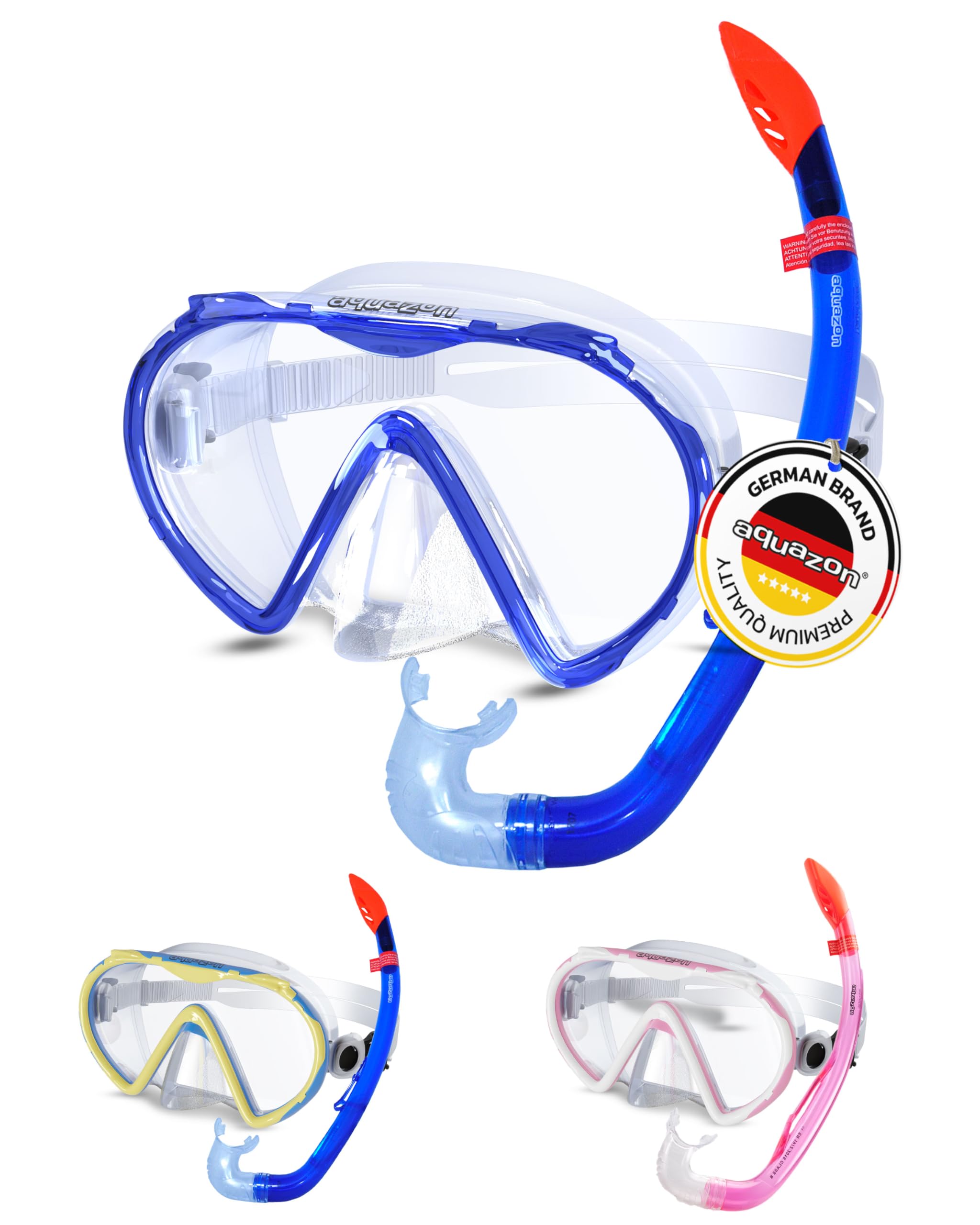 AQUAZON KORFU Set de Snorkel, Set de Buceo, Set de natación, Gafas de Snorkel con Cristal Templado, Snorkel con Parte Superior Semi Seca para niños, Adolescentes de 7-12 años.