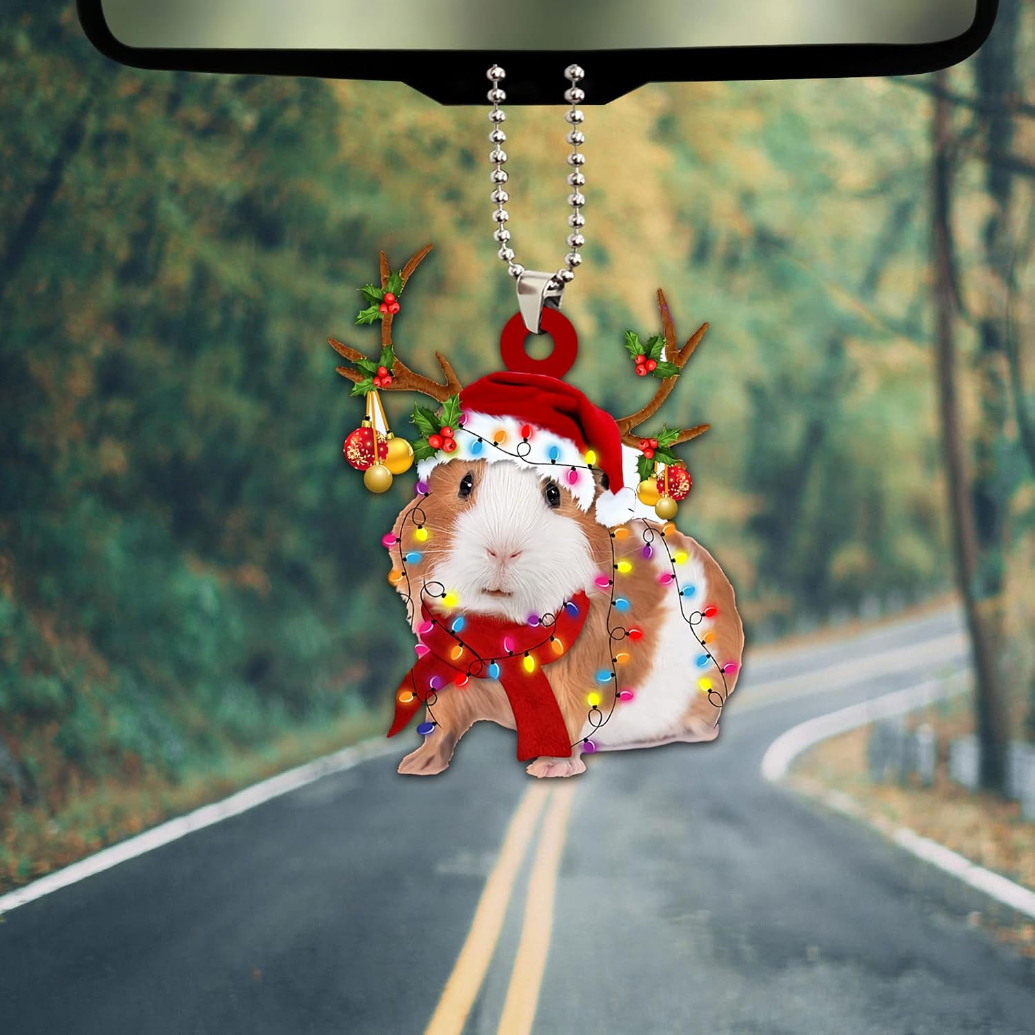 Talataca Guinea Pig Reindeer Hat And Scarf String Light The Domestic Cavy 2D Flat Car Rear View Mirror Accessories Christmas Tree Ornament Decoration Hanging Charm Interior Rearview Pendant Decor Gift image 5
