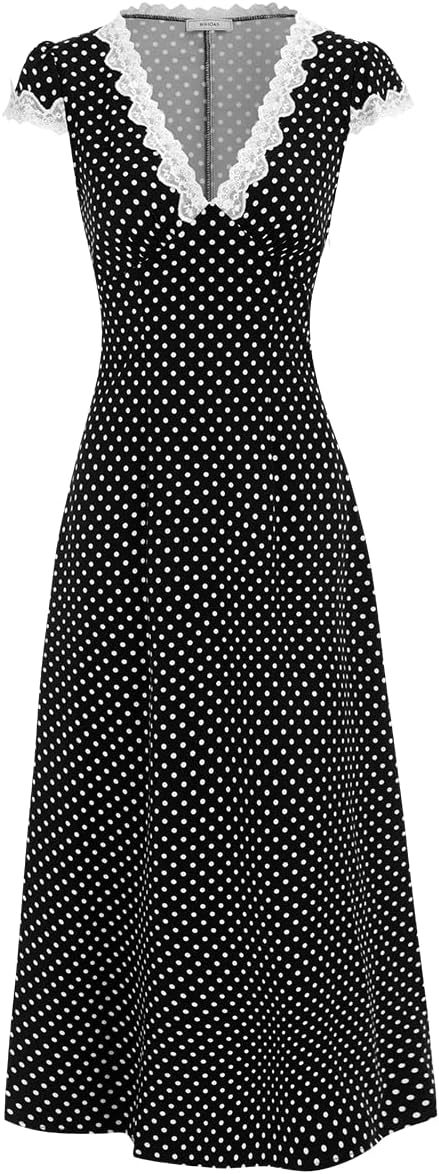 Women Summer Dresses Deep V Neck Polka Dot Prined Splice Lace Dress Elegant Cotton for Party