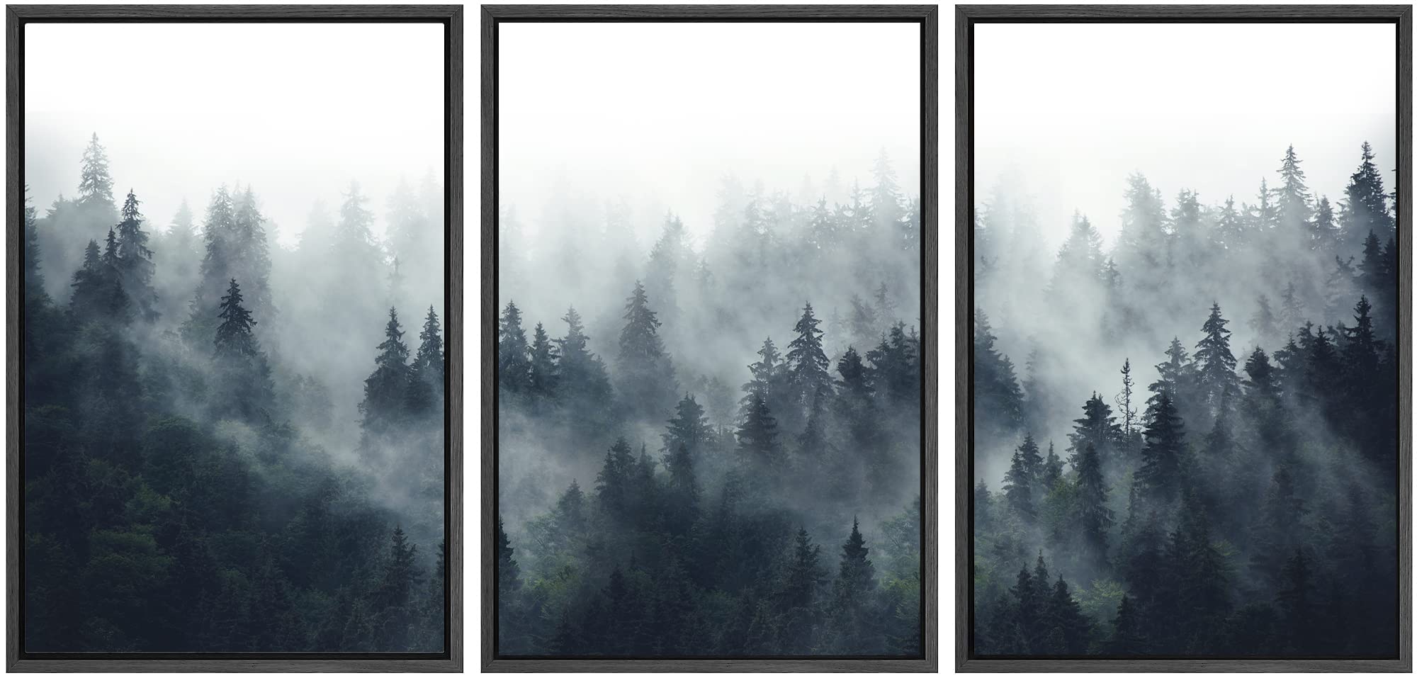 SIGNWIN Framed Canvas Print Wall Art Woodland Nursery Decor Set Misty Mountain Range Pine Tree Forest Nature Realism Decorative Rustic for Living Room, Bedroom, Office - 24"x36"x3 Black