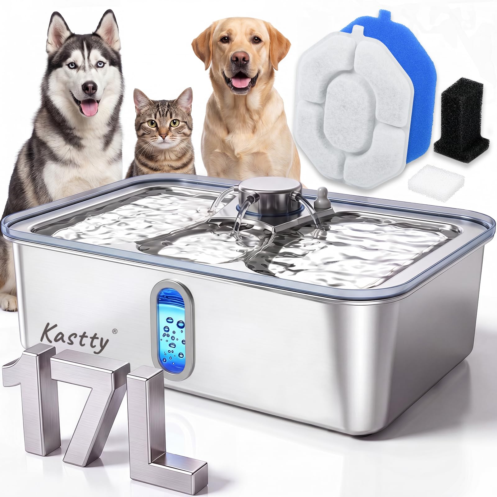 Kastty Fontaine à eau pour chien de 17 L, grande capacité en acier inoxydable, distributeur automatique silencieux avec lumière LED, facile à nettoyer pour grands chiens et animaux multiples FS84