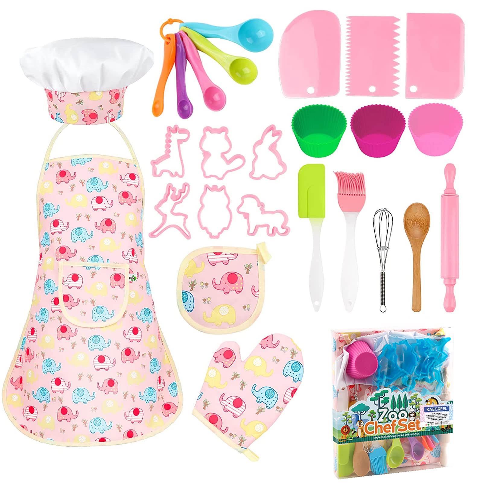 KAEGREEL Kids Baking Chef Set with Elephant Apron, 26pcs Kitchen Toys Kid Cooking Set with Chef Hat Spoons Whisk, Chef Dress Up Role Play Gifts for Boys Girls 3 4 5 6 7 Years Old