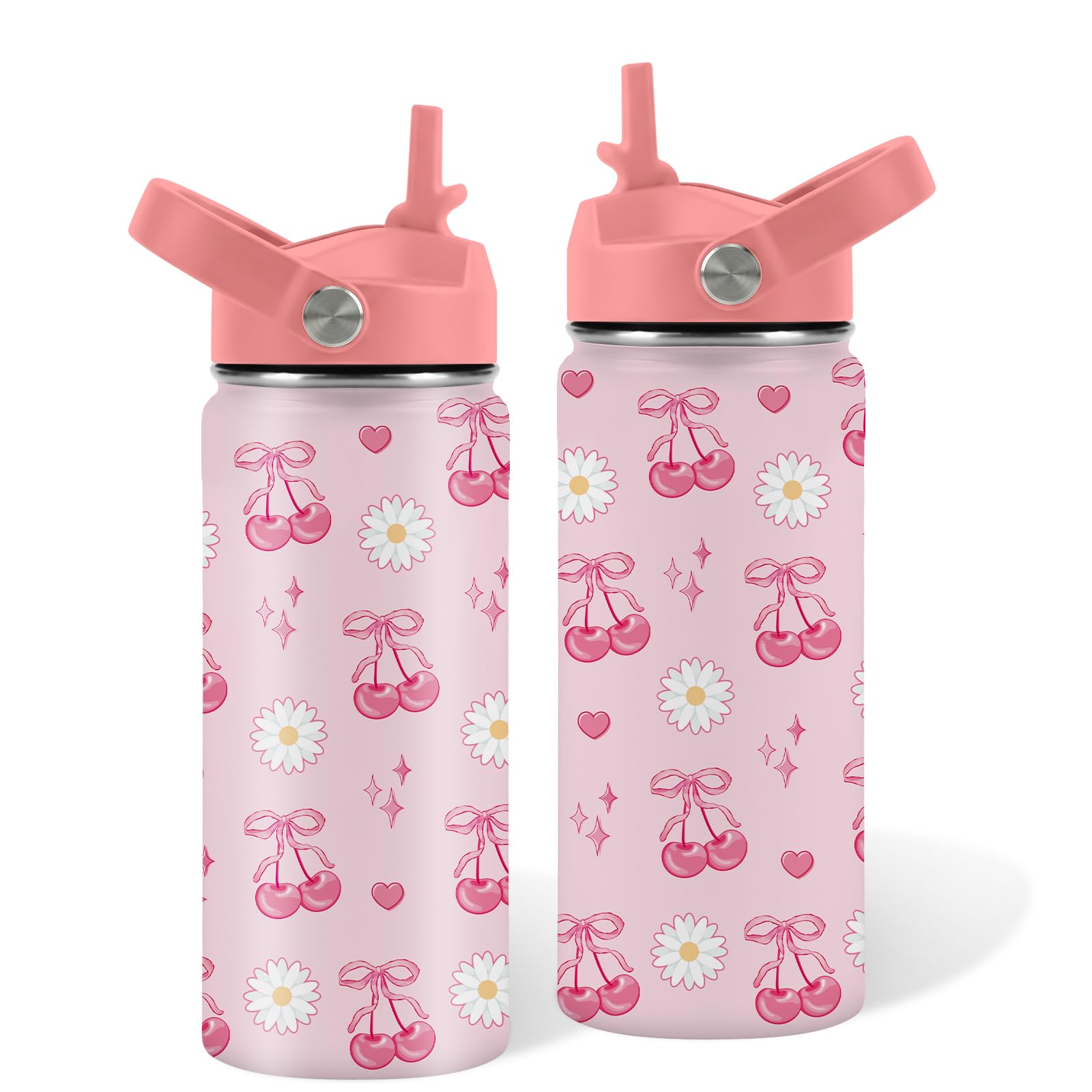 Cherry Gifts for Kids, 16oz Pink Kids Water Bottle with Straw Lid, Stainless Steel Insulated Tumbler, Leakproof, BPA-Free, for School, Travel, Cherry Lovers Children Birthday Gift Cup