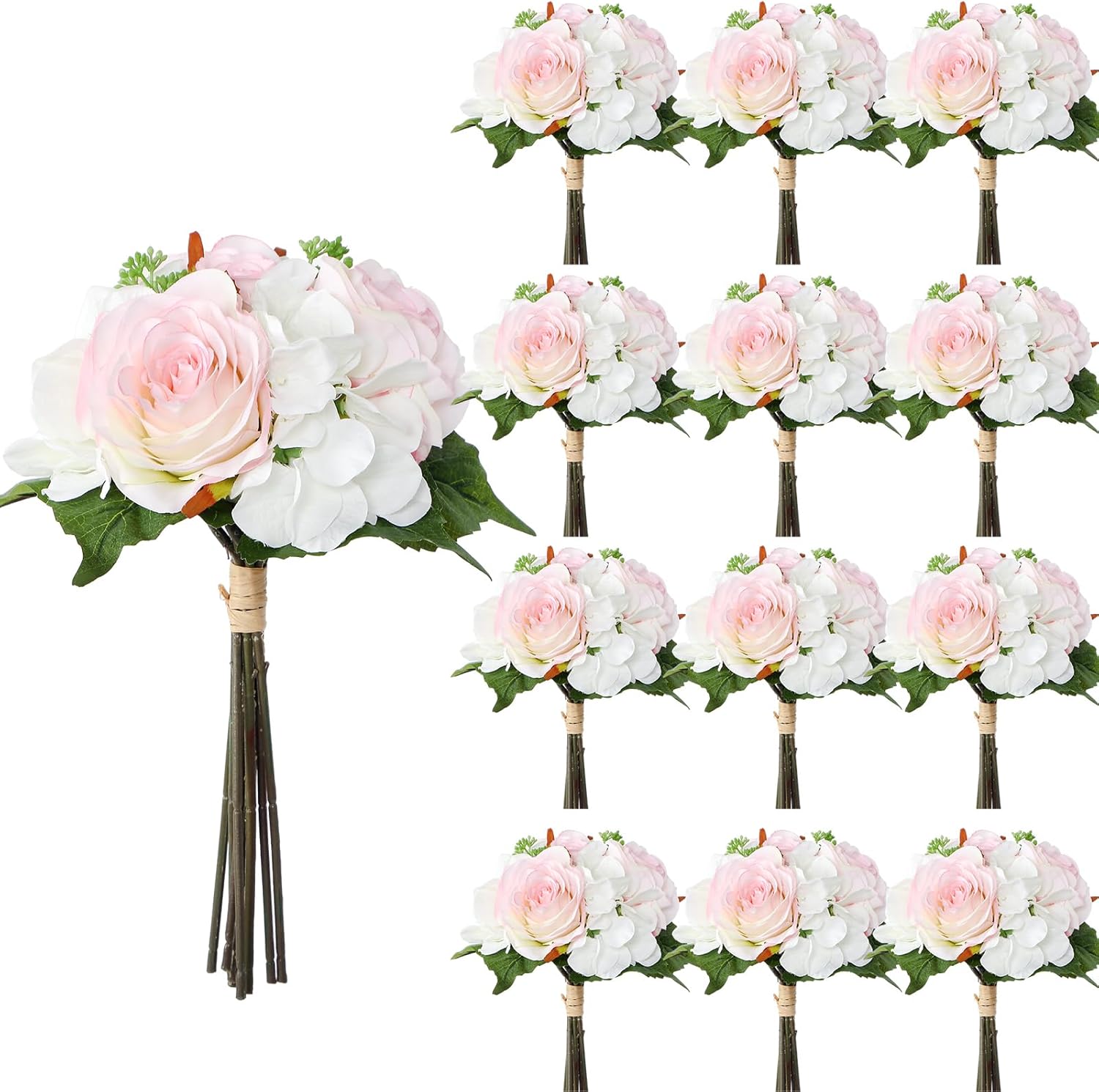 Tigeen 12 Sets Wedding Bouquets for Bride Bridesmaid Artificial Rose Flowers Faux Pink Silk Flowers with Stems White Floral Bouquet for Wedding Church Home Decoration Gifts