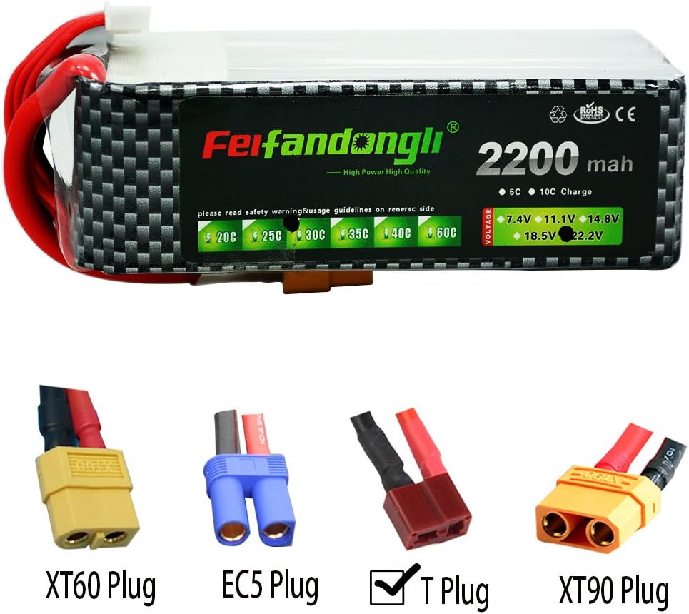 Feifandongli Rc Lipo Battery Pack 22.2V 6S 2200mah 30C with T Plug Connector for DJI F550 RC Airplane RC Helicopter RC Car RC Truck RC Boat Remote Control Drone FPV and Hobby Multirotor Qudcopter