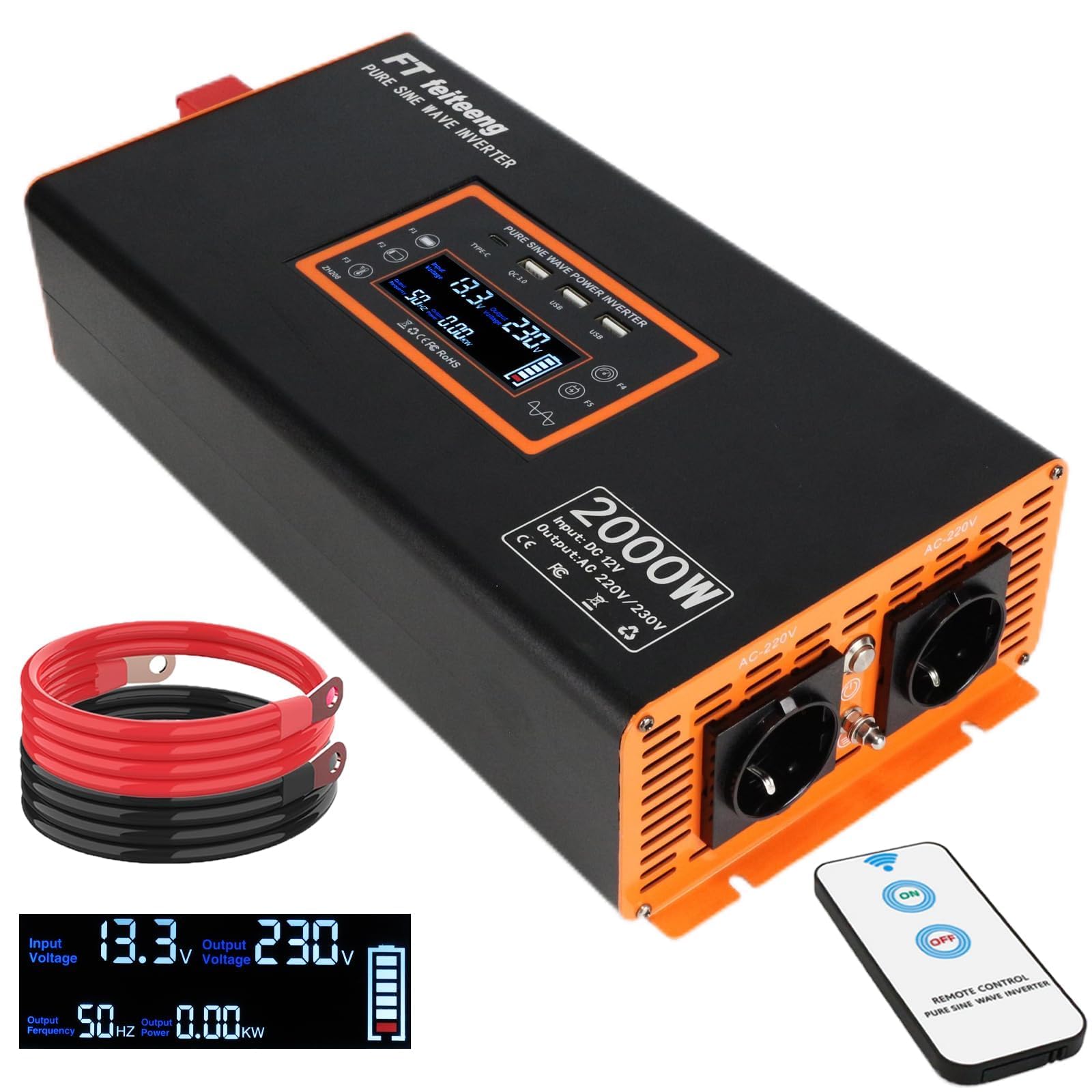 2000W/4000W Wechselrichter 12V auf 230V Reiner Sinus, EU Steckdosen, 30W USB-C, LCD-Fernbedienung, Spannungswandler für Wohnwagen LKW Solar
