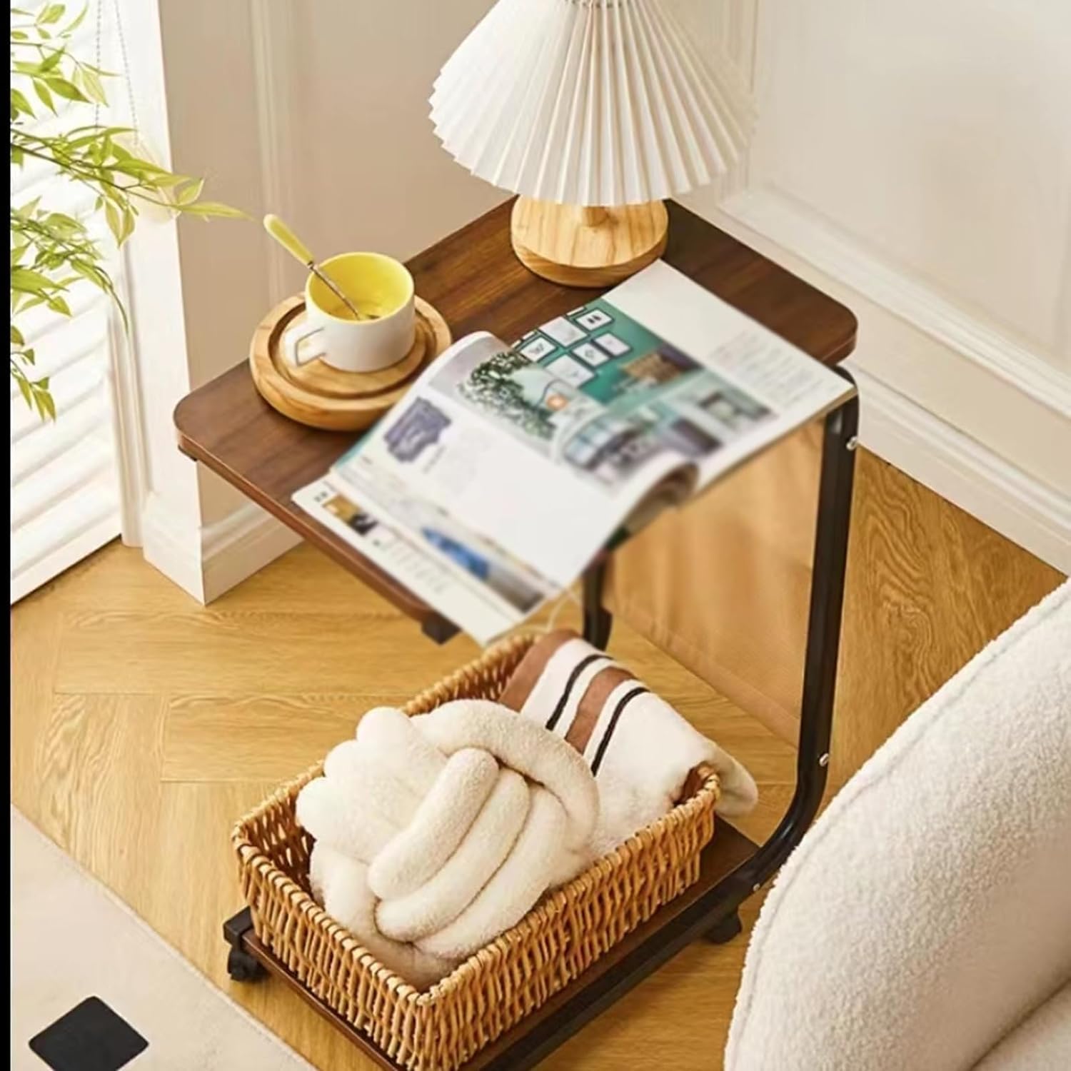 Aimery Office End Table Mobile Square Side Table, 2 Tier Storage Coffee Table with Brake Wheels and Iron Frame, Storage Snack Table, Space Saving (Color : A)