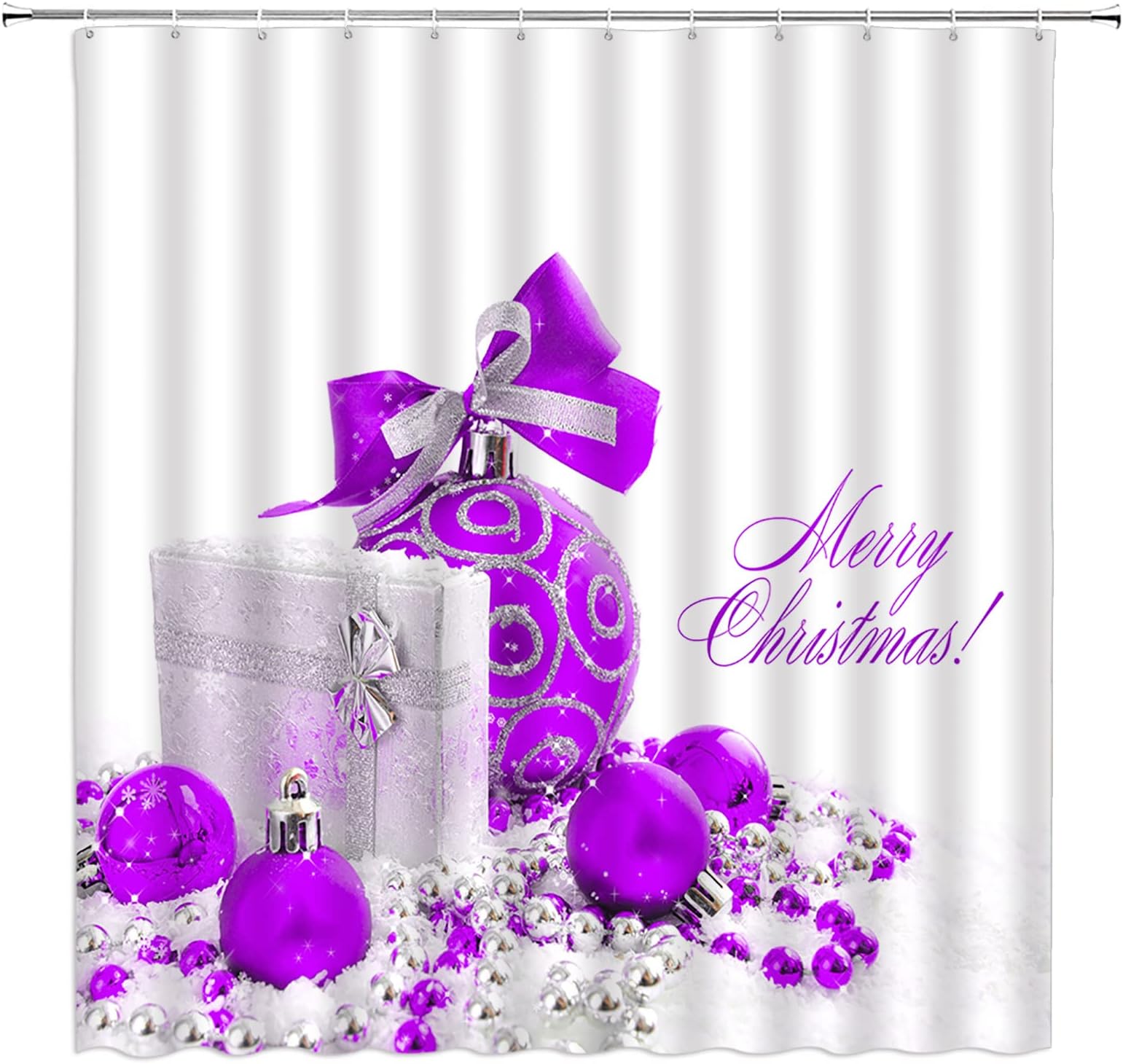 AMFD Merry Christmas Shower Curtain Purple Christmas Balls Fantasy Winter Holiday Happy New Year White Winter Fabric Bathroom Decor Set with Hooks,（59" Wx70 H）