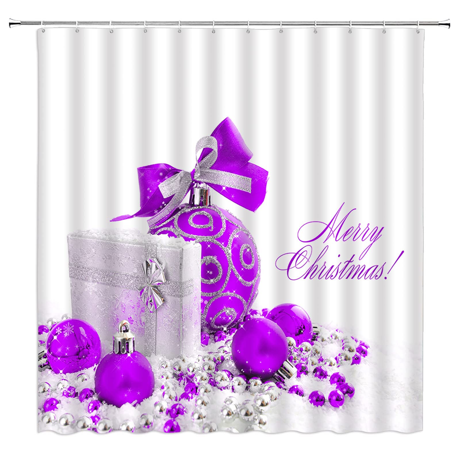 AMFD Merry Christmas Shower Curtain Purple Christmas Balls Fantasy Winter Holiday Happy New Year White Winter Fabric Bathroom Decor Set with Hooks,（59" Wx70 H）