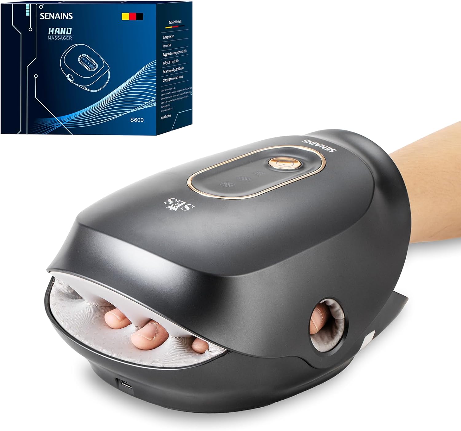 SENAINS Cordless Hand Massager with Heat and Compression,Soothing Stretching & Kneading,Wrist,Palm & Finger Massage,3 Modes & 3 Intensities,Gifts for Women Men Relaxation at Office,Gray