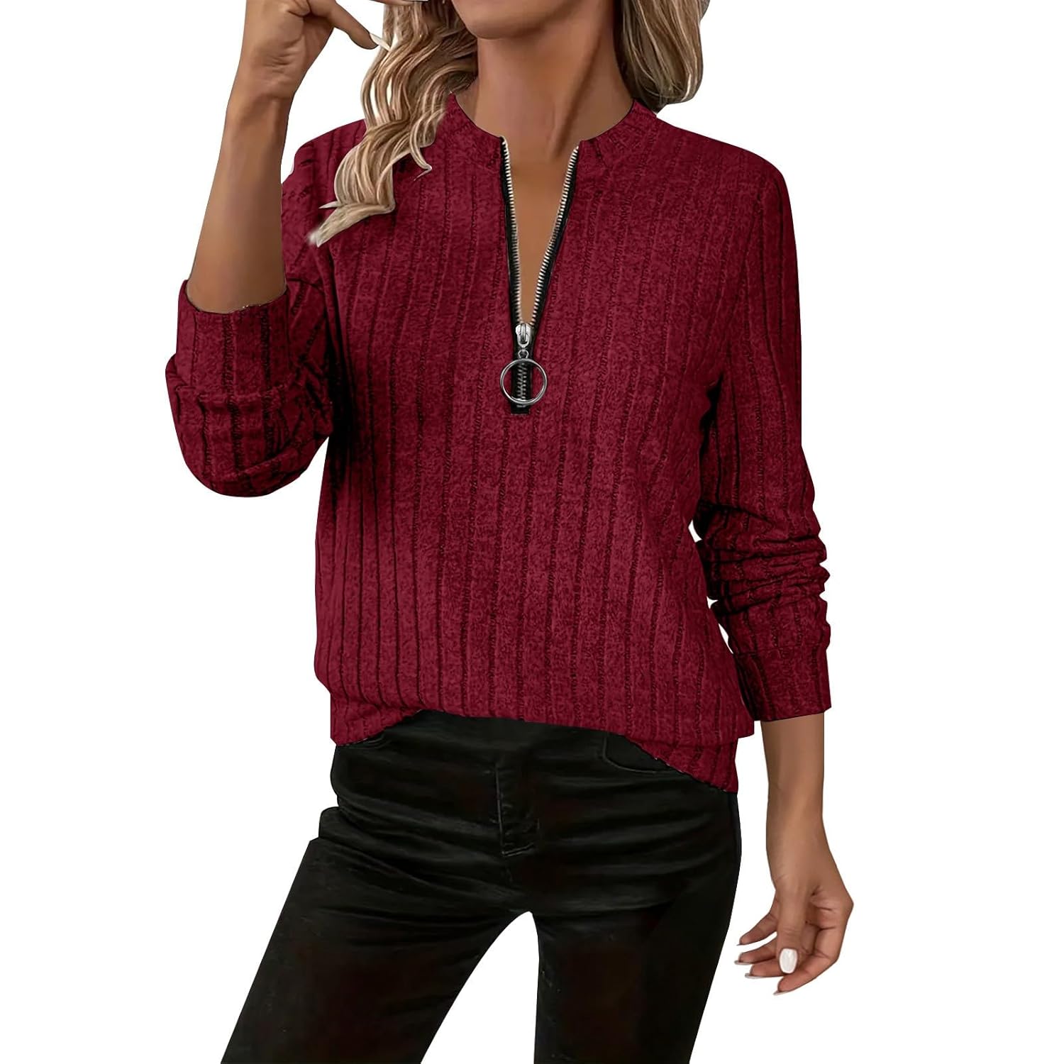 Heevina Sweaters for Women Solid Color Ribbed Zip Zipper Crewneck Jumpers Winter Ladies Sweater Warm Long Sleeve