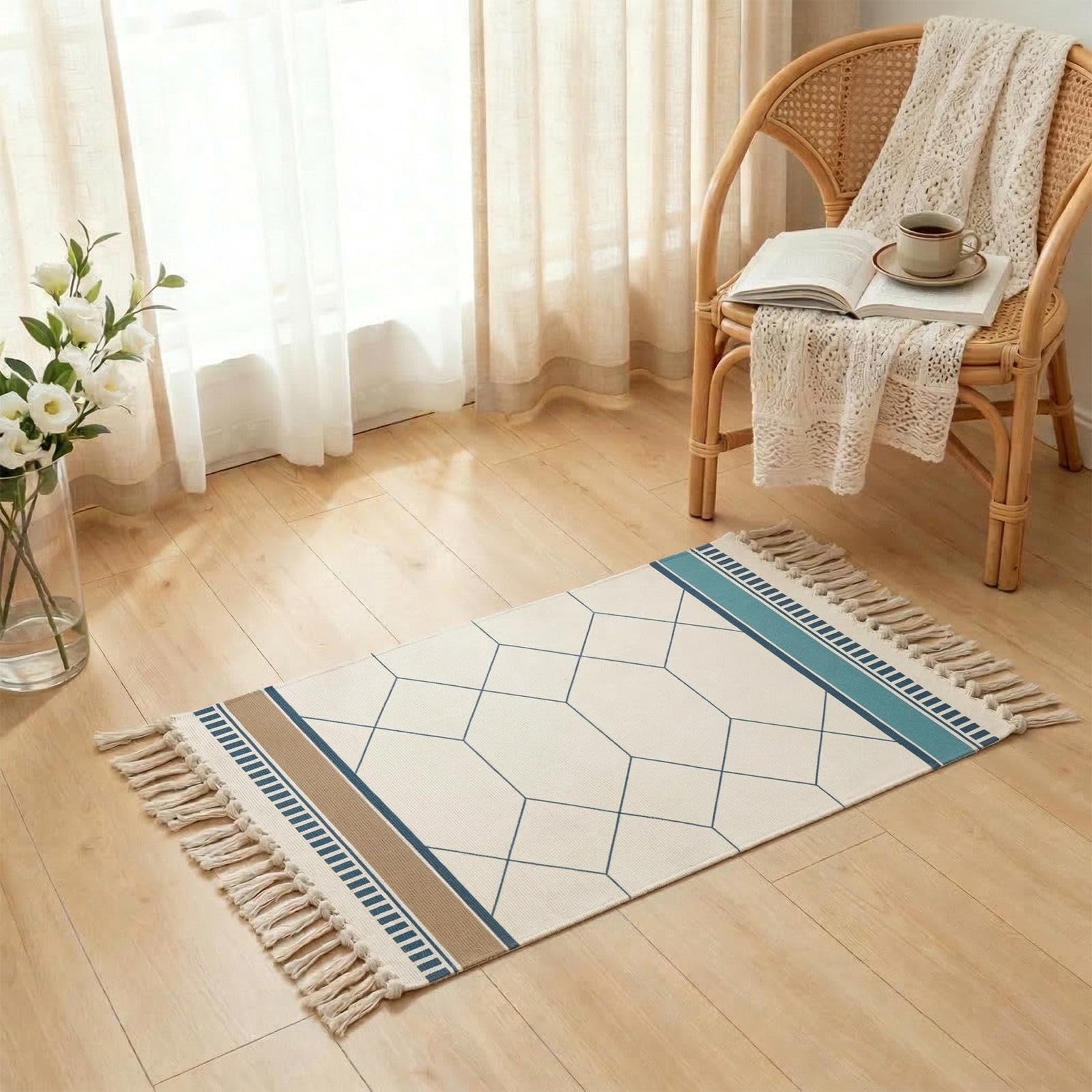 MORROWCAMP Boho Cotton Small Rug 58x88 cm with Tassels, Woven Washable Rug, Soft Bedside Rug for Bedroom, Decorative Accent Rug for Entryway, Kitchen Indoor, Scandi Lattice โ image 1