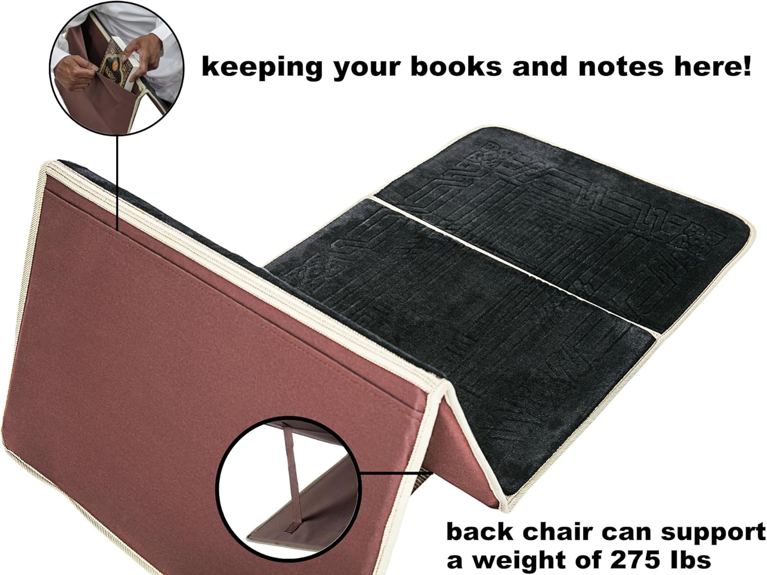 祈り用ラグ バックサポート付き/折りたたみ式瞑想用フロアチェア&amp;キャリーポケット(ブラック)