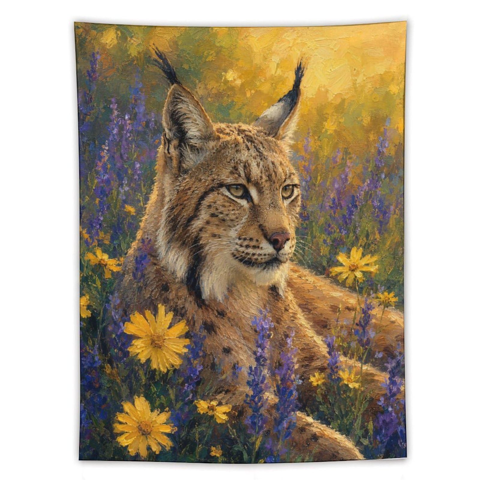 H3B8U2Y5 Lynx in Wildflowers Wall Tapestry, Realistic Illustration