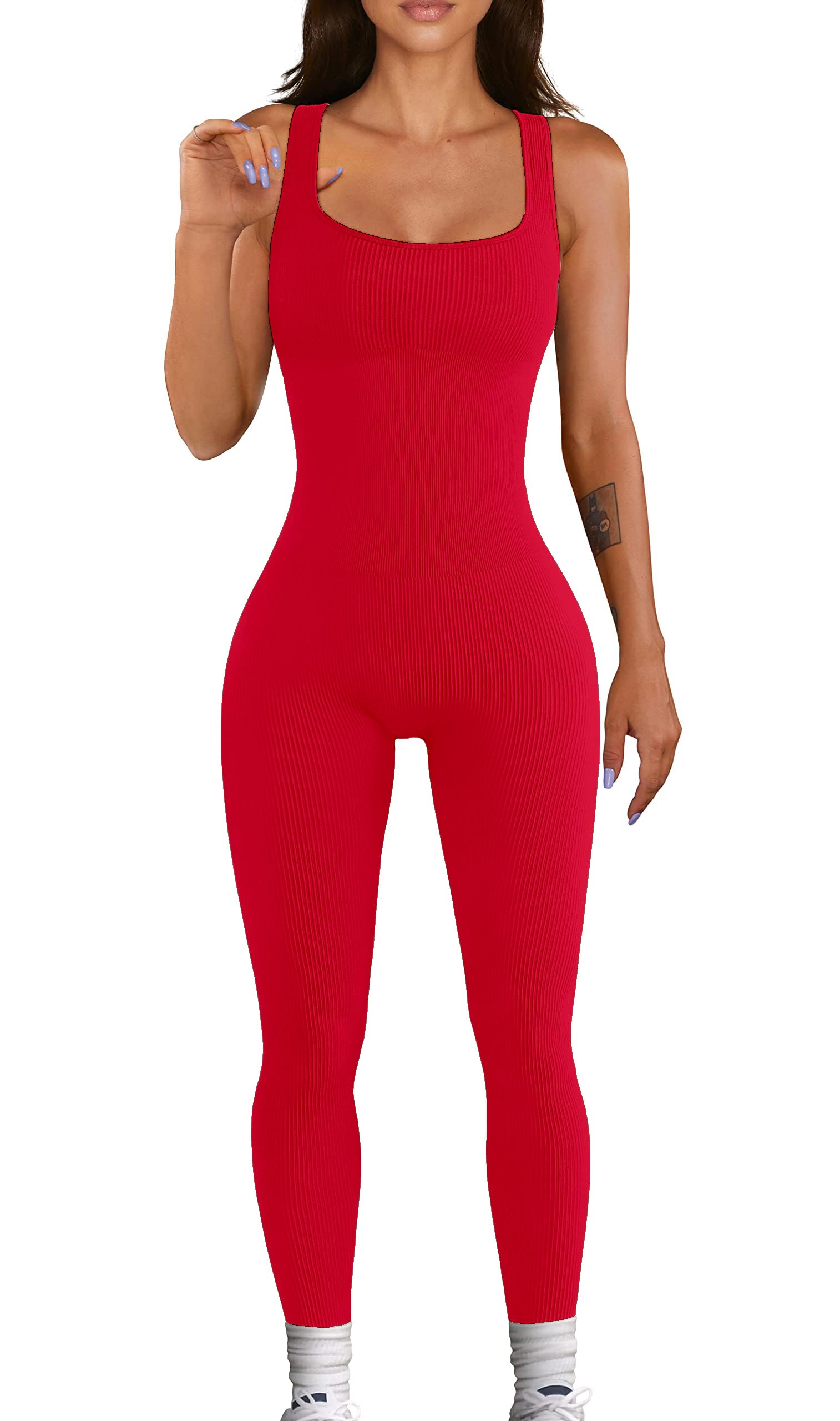 Womens Workout Ribbed Jumpsuit Yoga Square Neck Leggings Romper