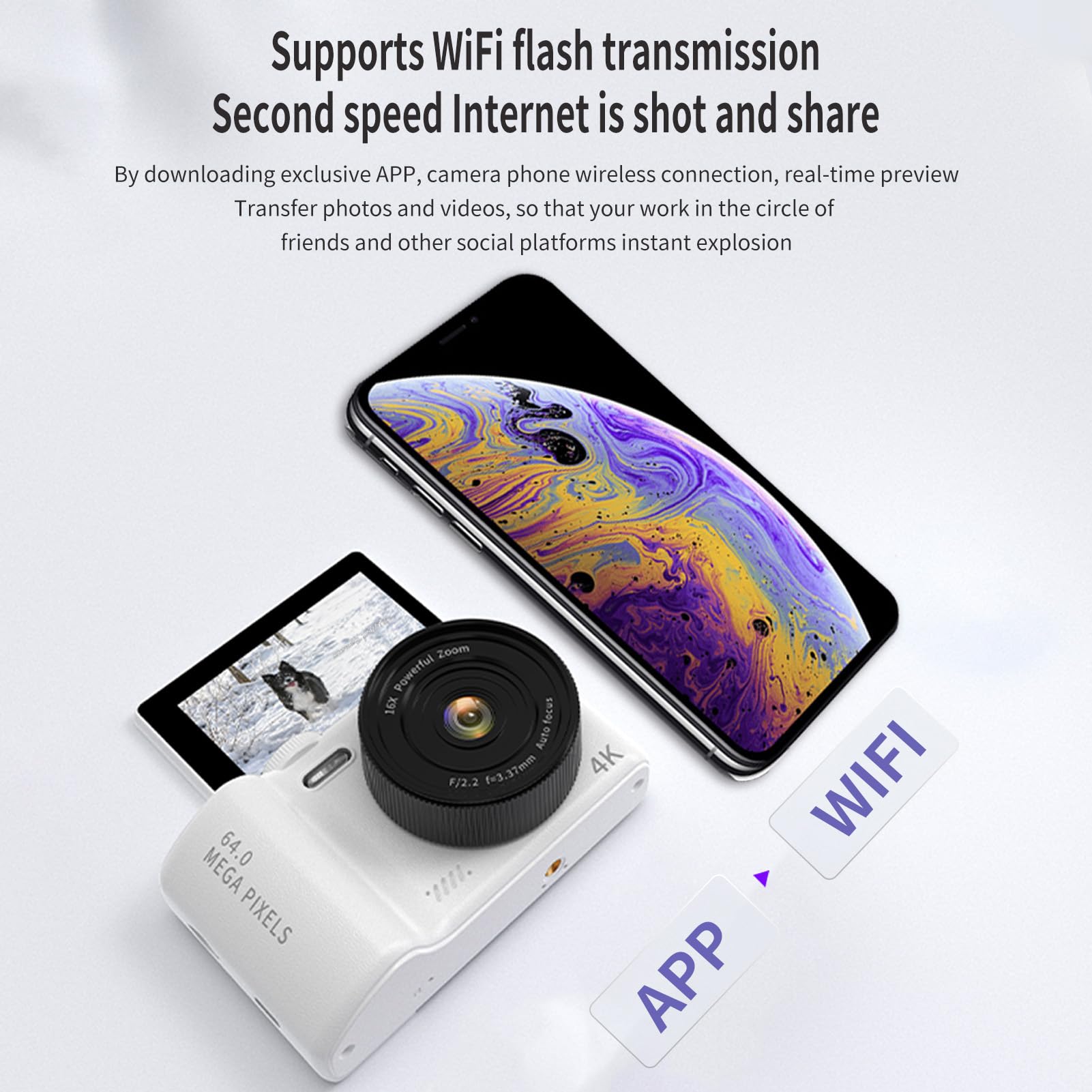 Andoer Cámara digital 4K plegable de 3 pulgadas, cámara WiFi de 64 MP, compacta portátil con zoom digital 16X, 32 GB TF, batería