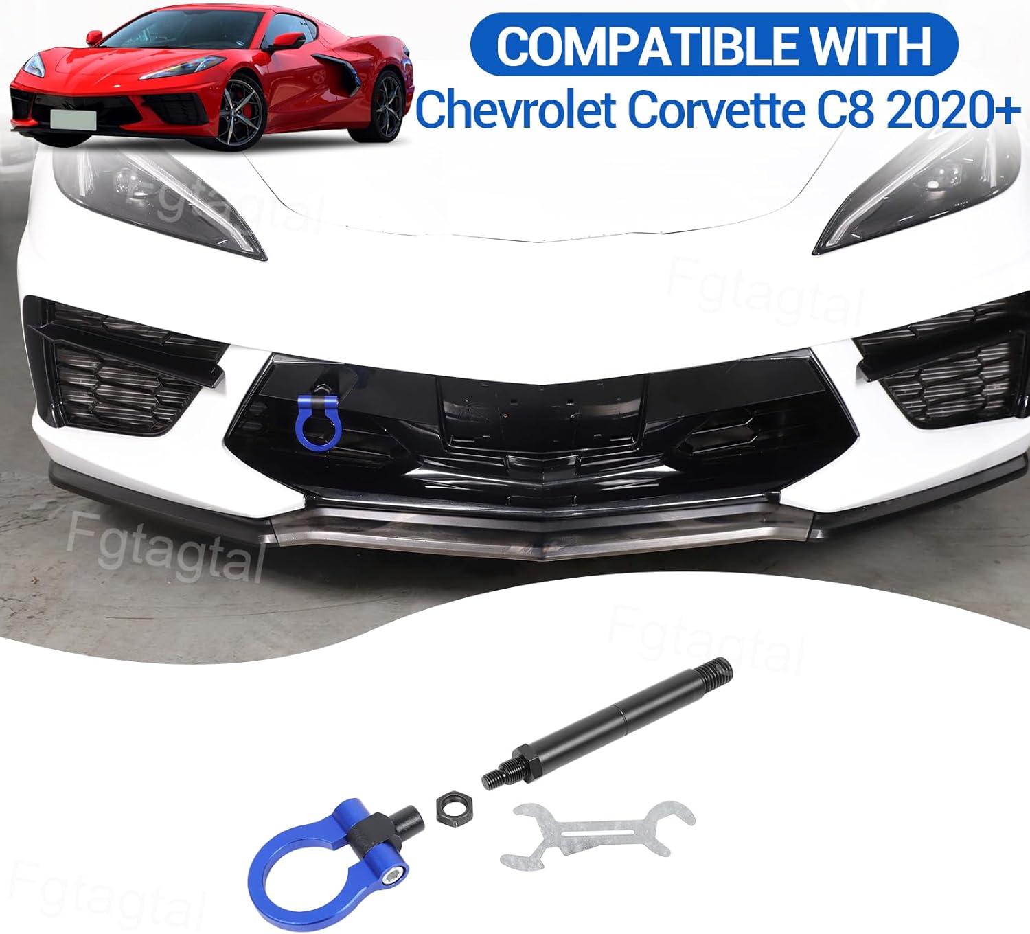 Front Bumper Tow Hook Compatible with Chevrolet Corvette C8 2020-2026, Race Style Front Tow Hook O-Ring, Exterior Tow Hook Trailer Hitch Accessories (Blue)