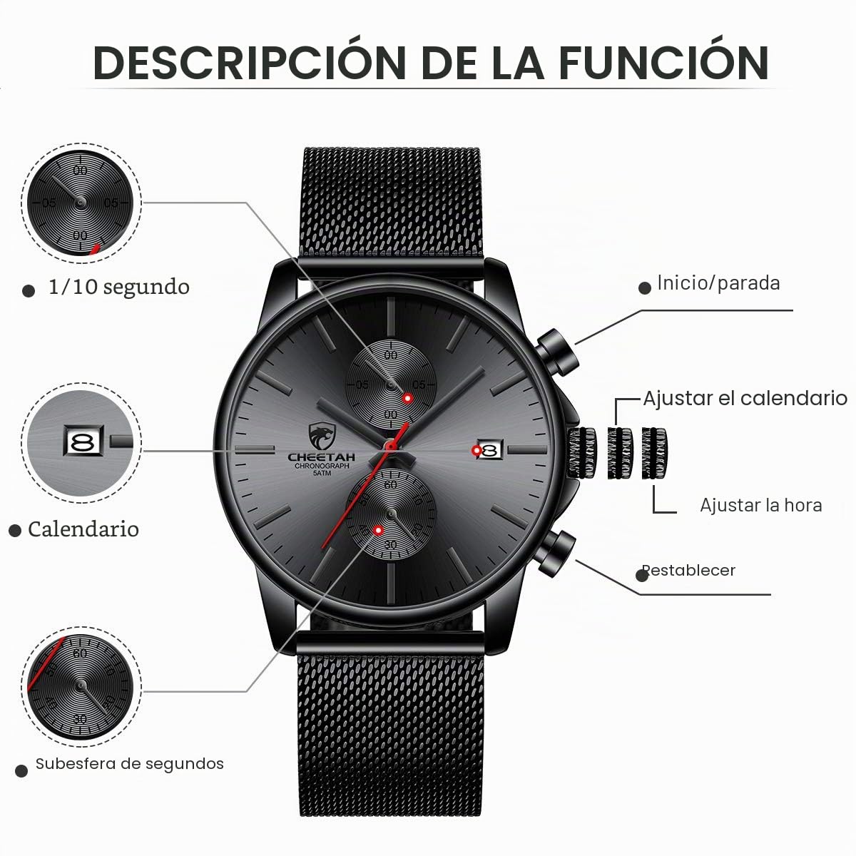 GOLDEN HOUR Reloj de Cuarzo analógico de Malla de Acero Inoxidable a Prueba de Agua con cronógrafo Minimalista de Moda para Hombre con Fecha automática