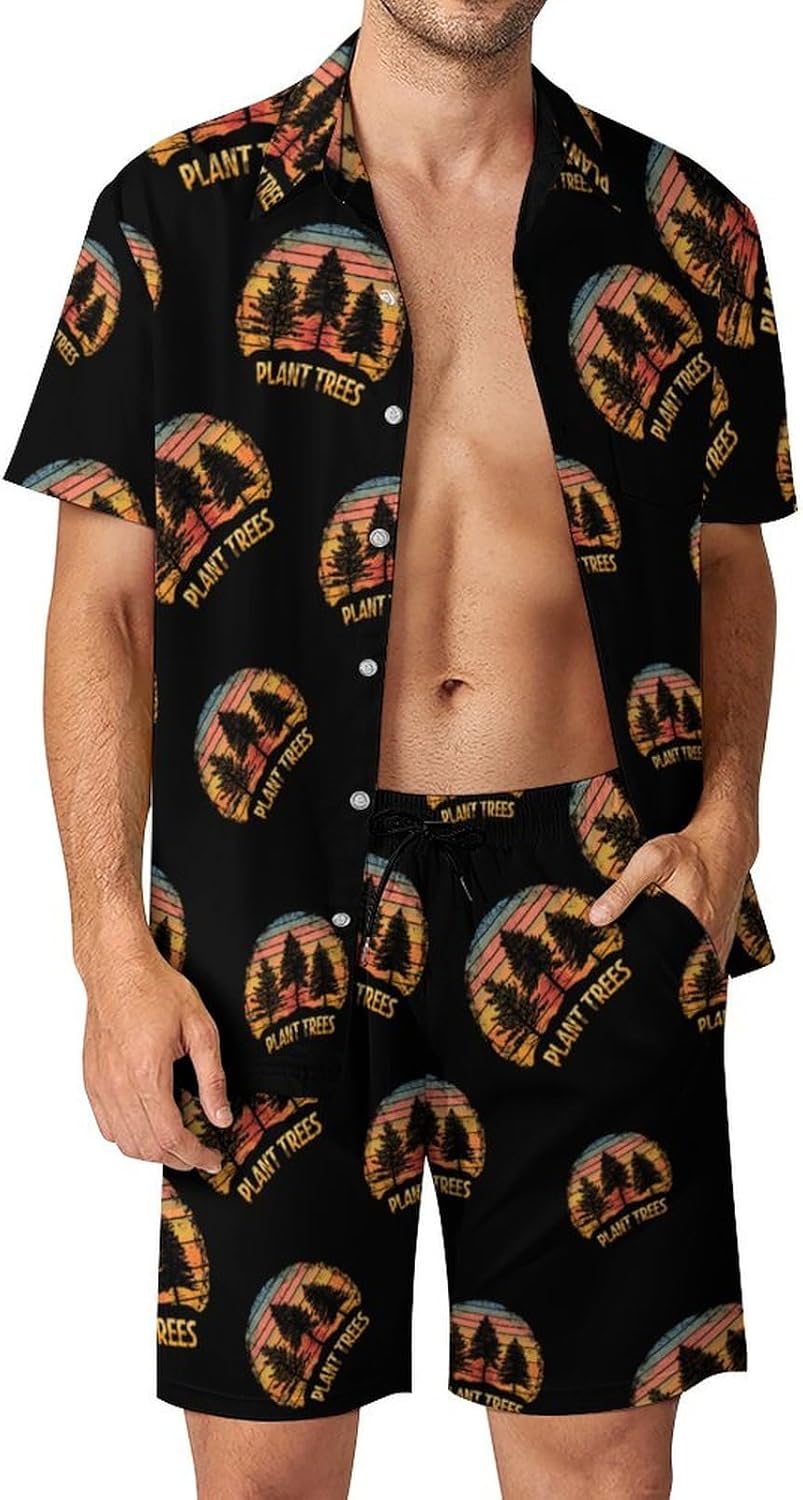 Vintage Sunset Plant Trees Men's Summer Beach Outfits Shirt And Shorts Set 2 Piece Vacation Swimwear