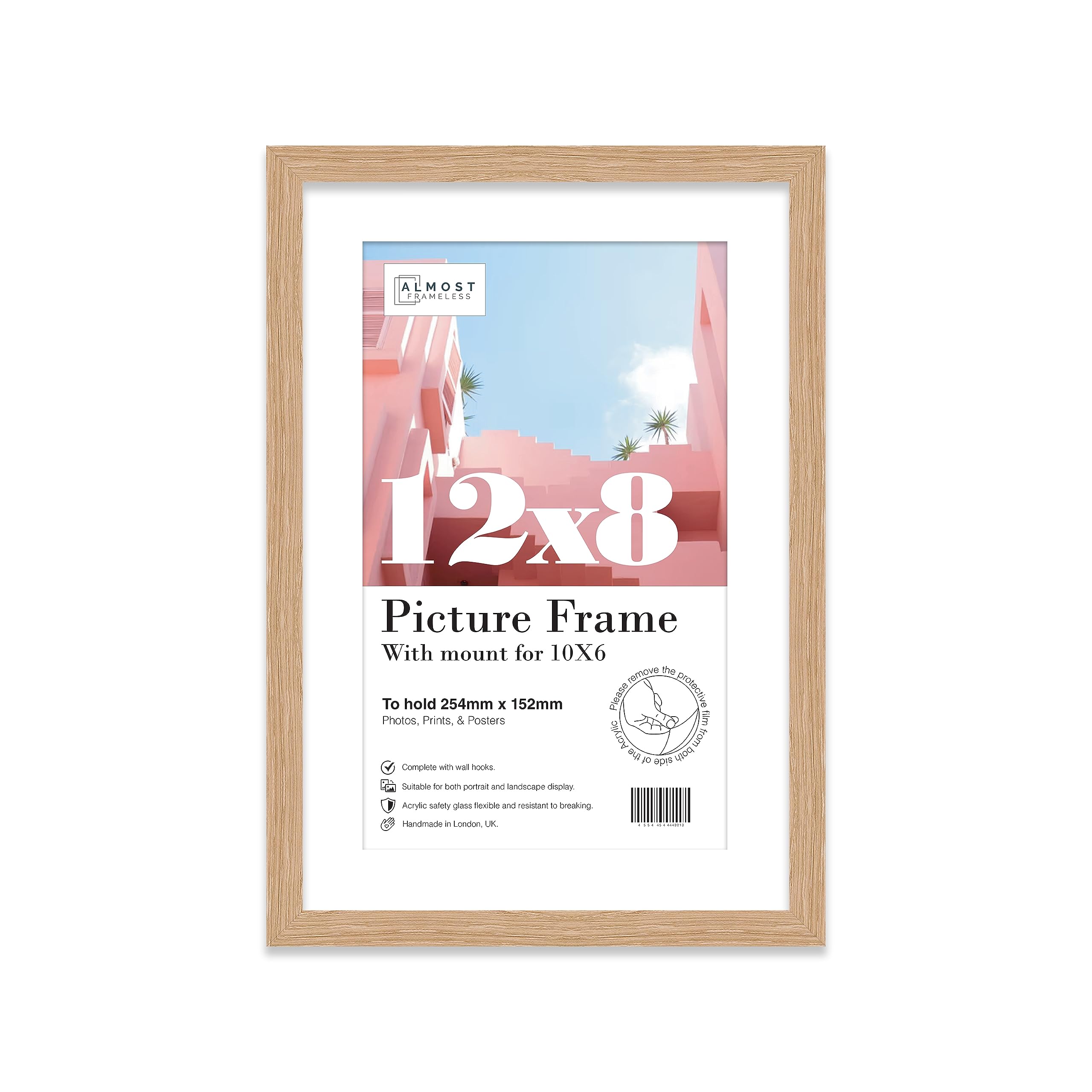 Almost Frameless 12x8 Oak Picture Frame With Mount for 10x6 Print, Poster or Photo Poster, Photo, Artwork, or Print. Thin Edge Slim Frame Portrait and Landscape Display with Wall Hooks