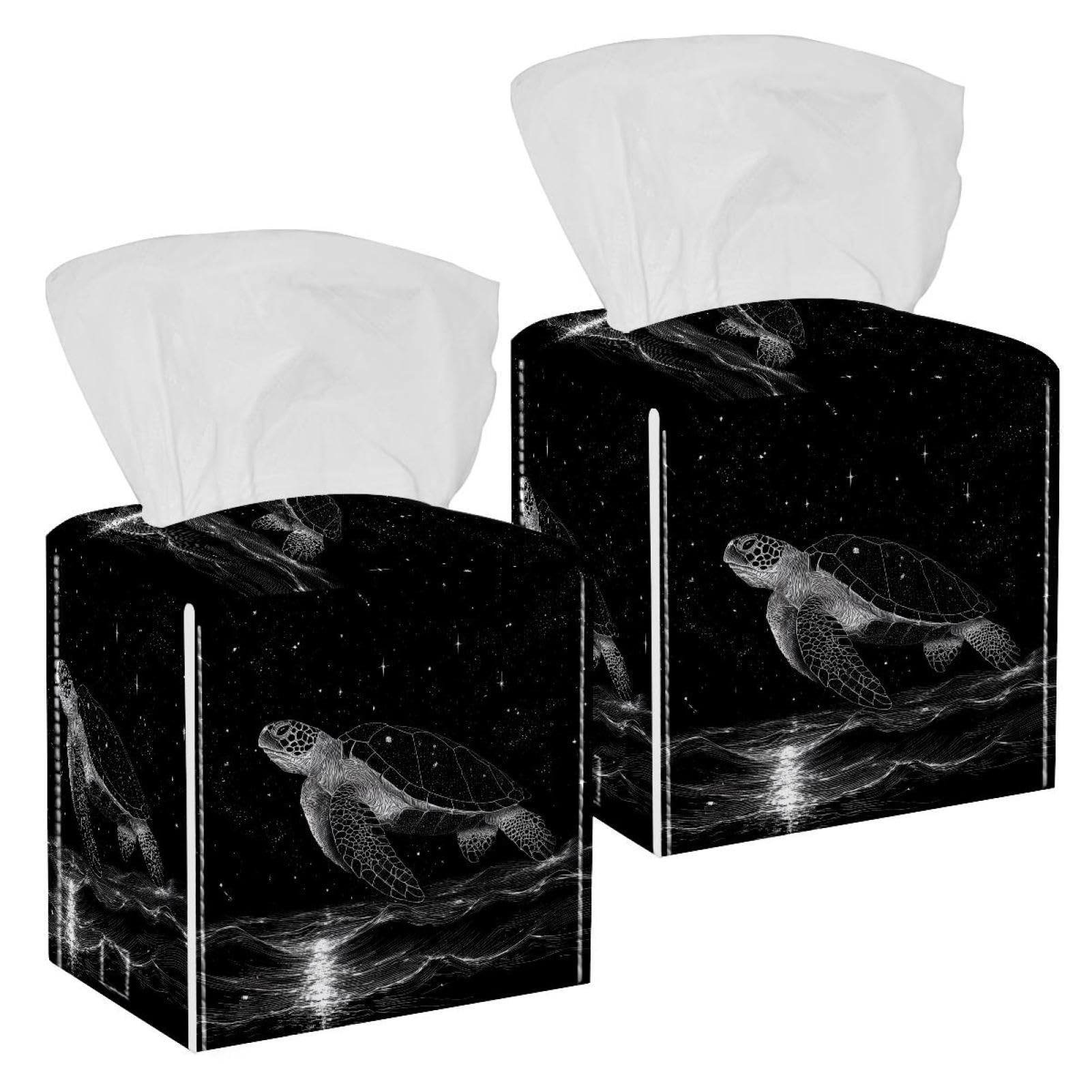 Starry Sky and Turtle Tissue Box Cover, 2 Pack PU Leather Square Facial Tissue Dispenser Box holder for Home Office Car
