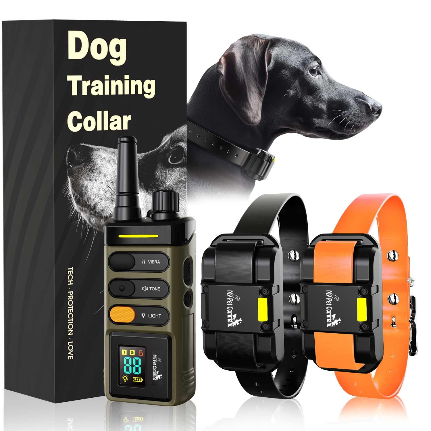 My Pet Command Long Range Dog Training Collar with Remote 1 Mile/5280 Ft Safe Shock, Vibrate, Tone collar with Flashing Beacon Lights Rechargeable Waterproof Dog collar with remote add Up to 2 Collars