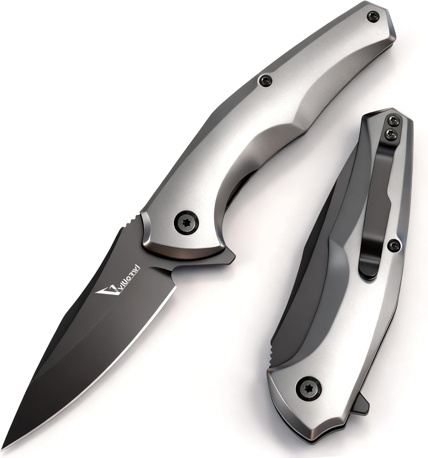 Atlas VA-09S Folding Knife - D2 Steel Blade HRC 60-65, Compact EDC Pocket Knife with Silver Gray Aluminum Handle, Secure Liner Lock & Deep Carry Clip for Everyday Carry, Camping, Hiking