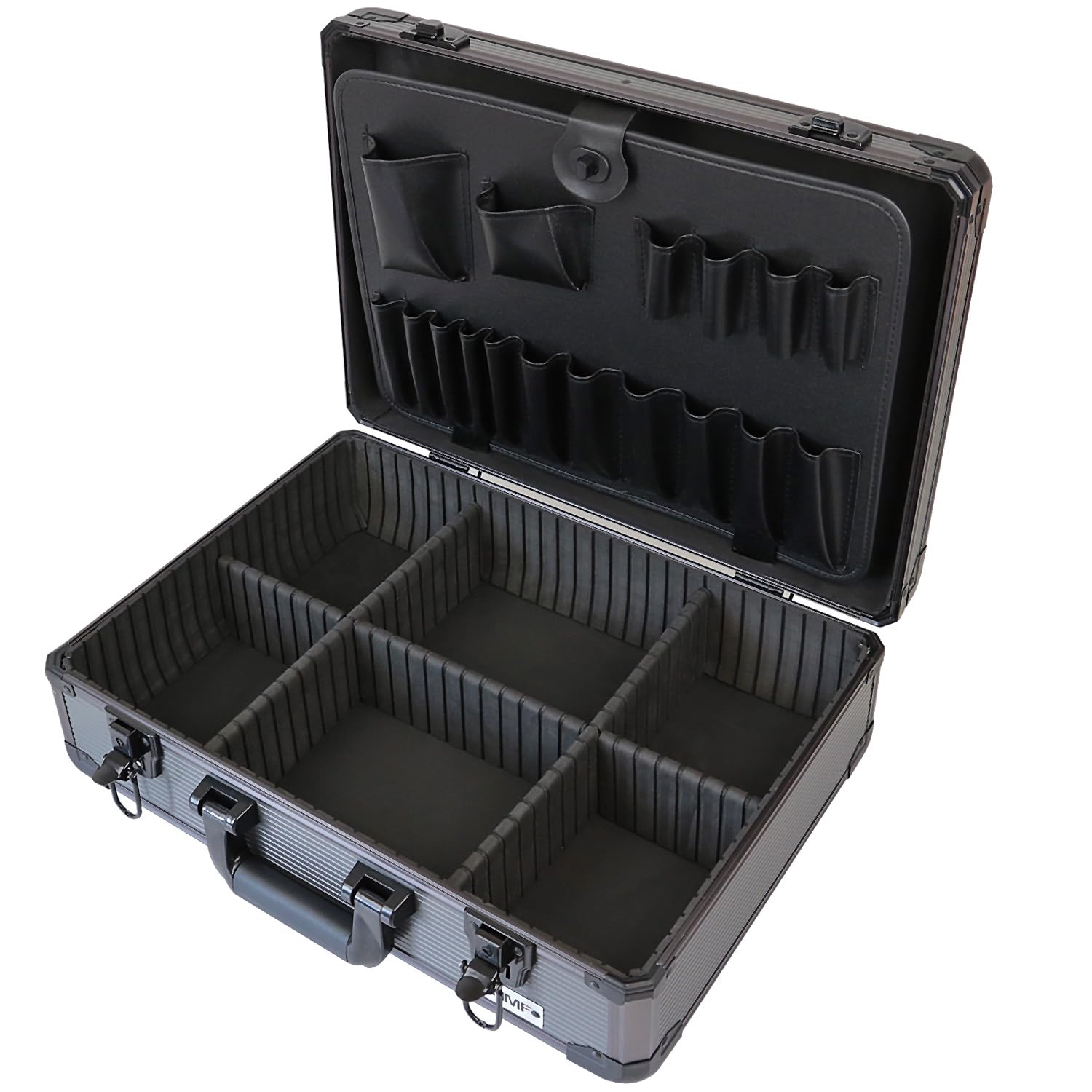 HMF Maletín de herramientas de aluminio vacío con 17 compartimentos insertables, Maletín grande con división interior ajustable | 46 x 33 x 15 cm | Antracita-Negro