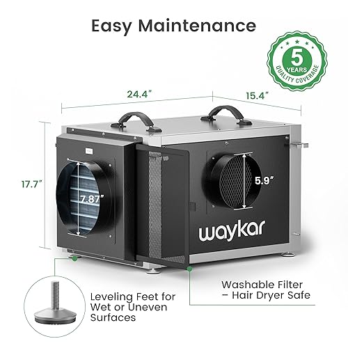 Miniatura 8 de Waykar Deshumidificador de espacio de rastreo de 158 pintas con control remoto y bomba, deshumidificador comercial de doble conducto HVAC para toda