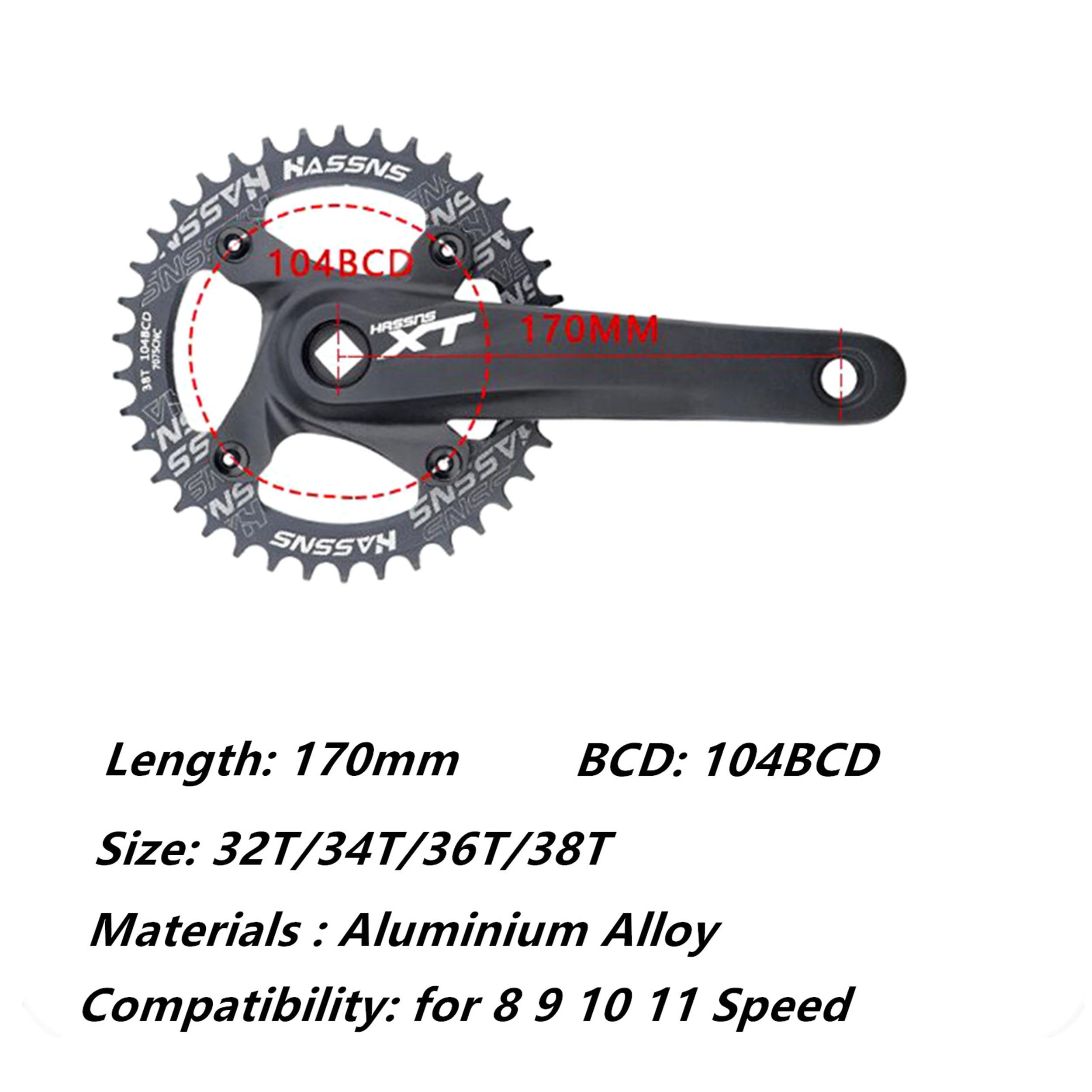 BestParts Guarnitura per bici MTB, 170 mm, 32T, 34T, 36T, 38T, foro
