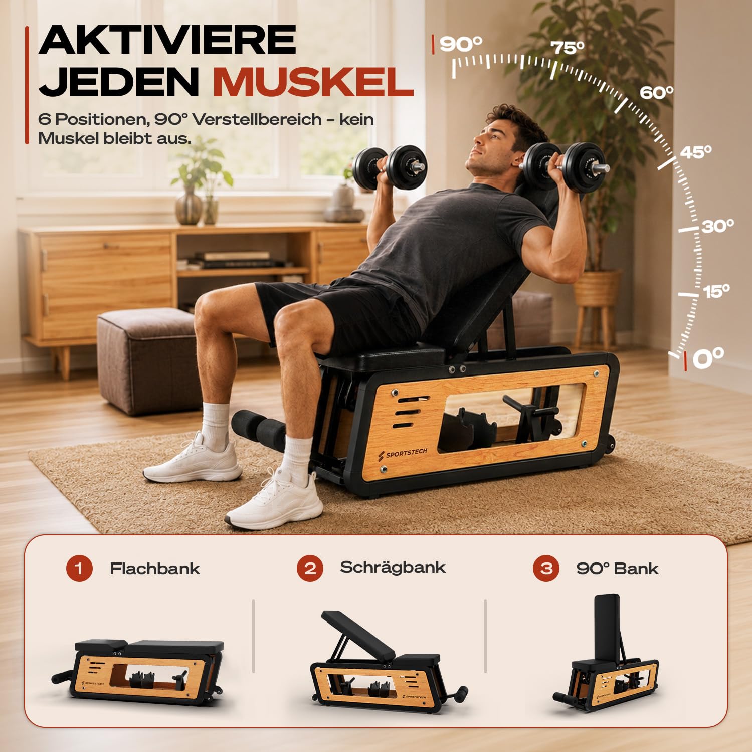Sportstech Hantelbank Holz für Zuhause, 220 kg belastbar, mit Hantelablage