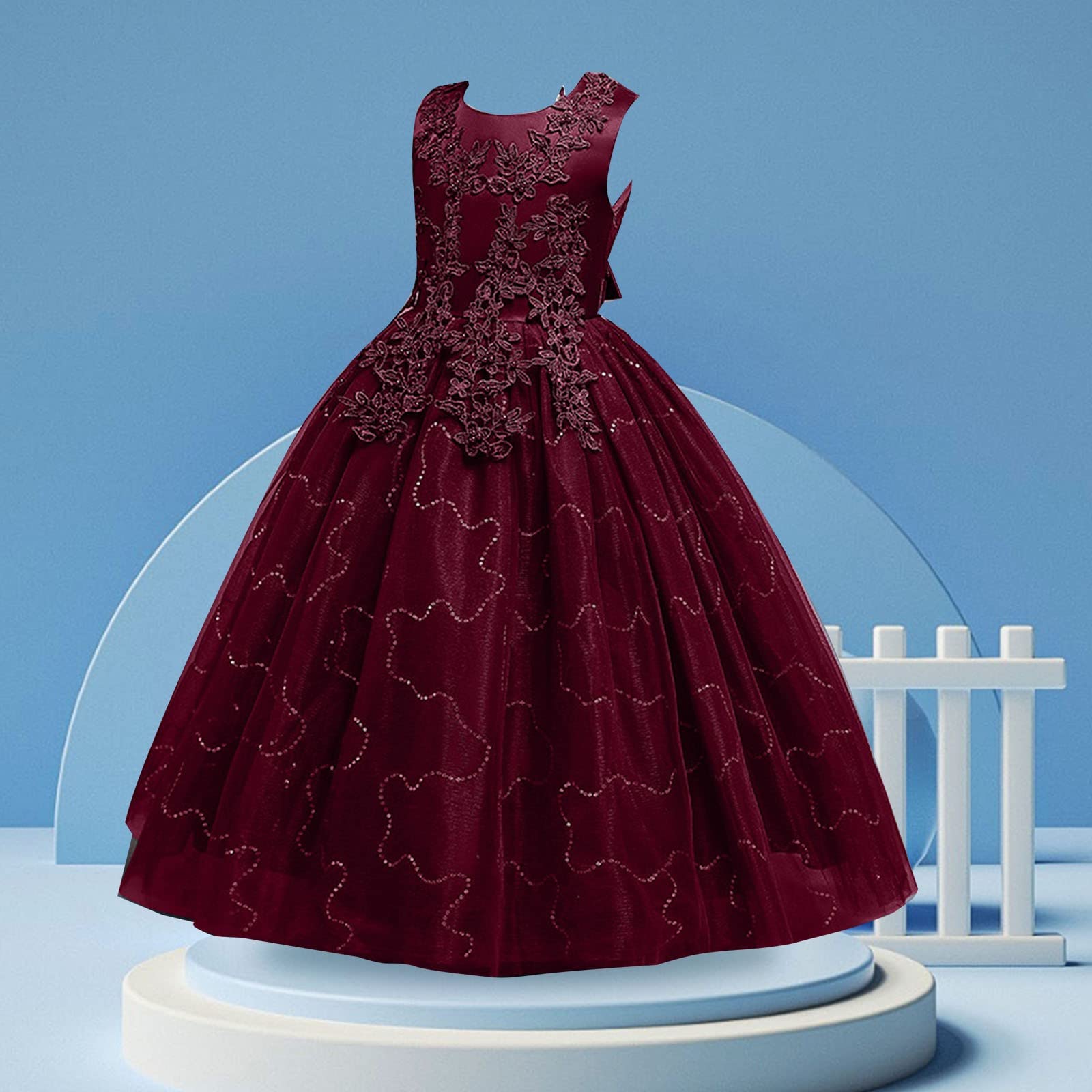 Flower Girl Embroidered Lace High-Low Tulle Dress | Deep Red Princess Pageant Gown For Wedding, Birthday, Party (Size 8-9 Years)