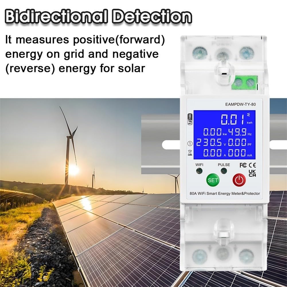Misuratore di energia WiFi 80A con bidirezionale, sovra/sotto tensione e perdite, interruttore di controllo remoto solare domestico