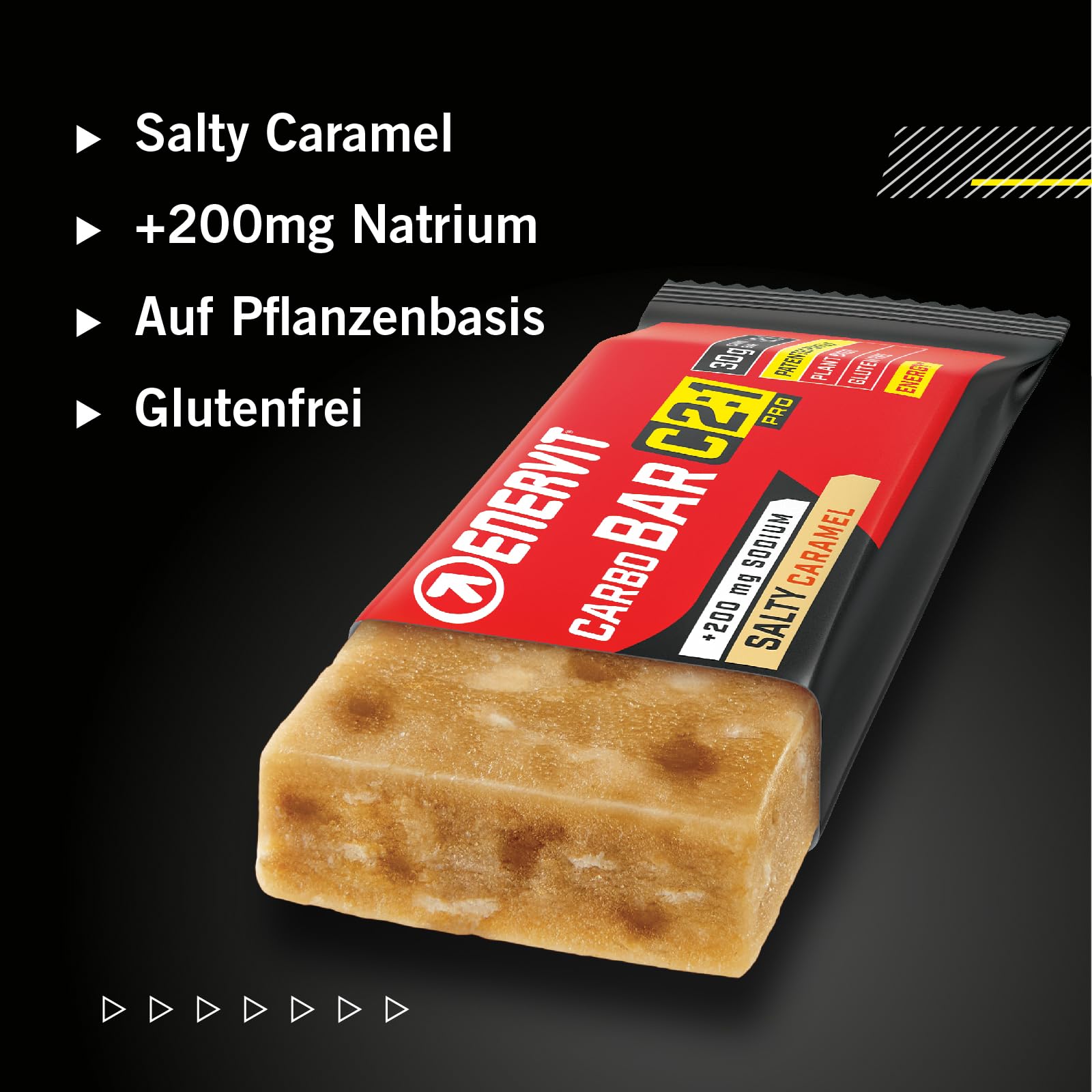 Enervit Carbo Bar C2:1PRO Salty Caramel, Energieriegel für Ausdauertraining mit 30g Kohlenhydraten, Optimierte Kohlenhydrataufnahme (+50%), mit Natrium, Glutenfrei & VeganOK, 12 Riegel à 45g