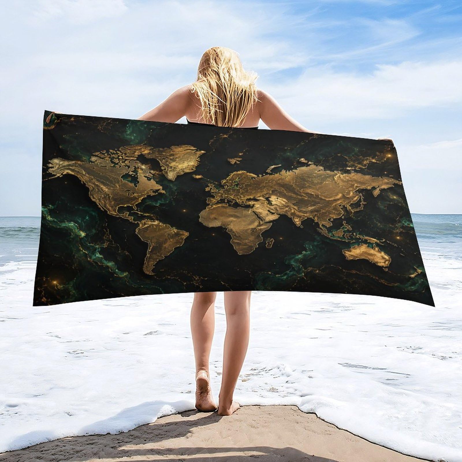 Anceky Golden World Map Beach Towel 30"×60",Soft Microfiber Bath Towel Shawl, Quick Dry Absorbent Pool Spa Gym Shower Towel