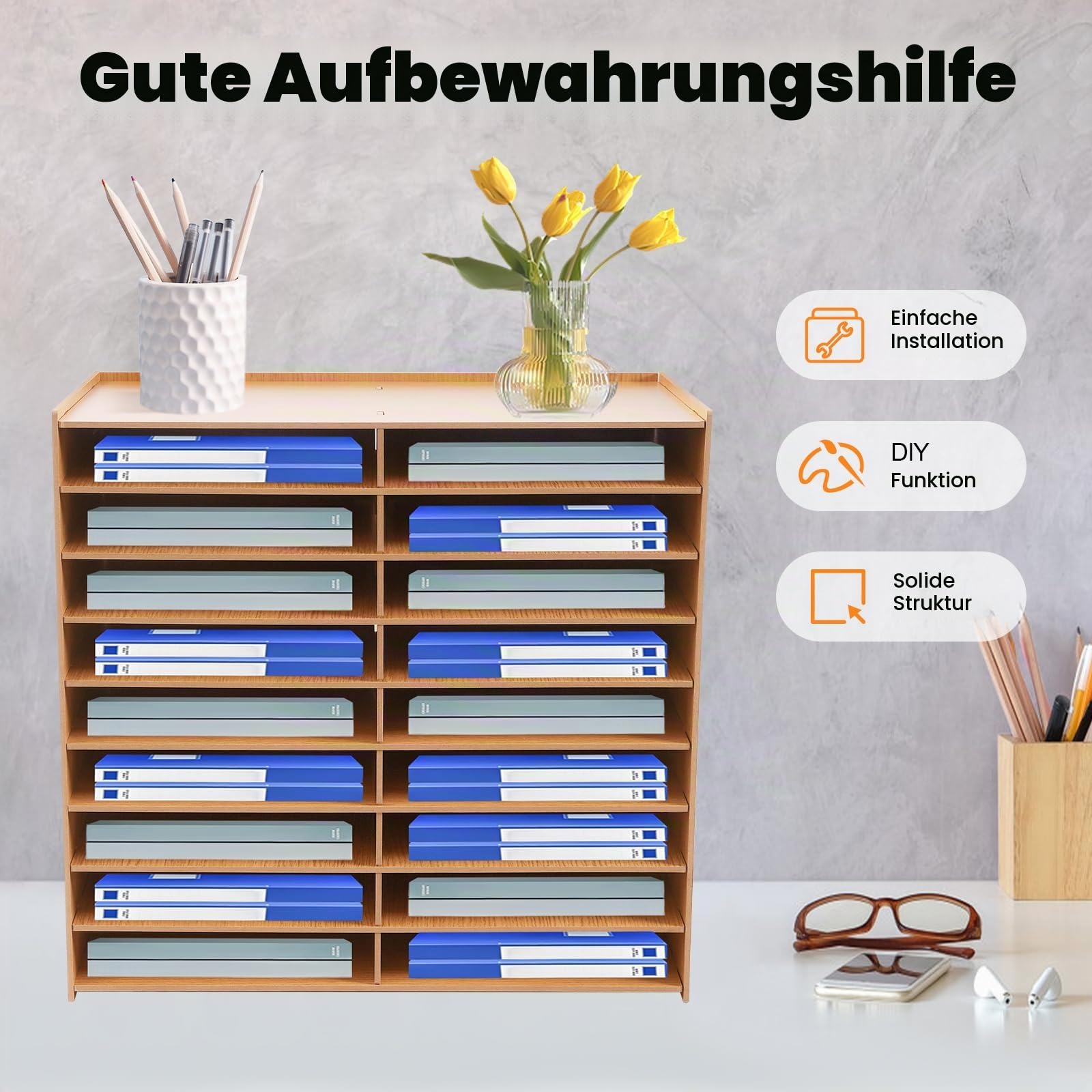 Holz Schreibtisch-Organizer, 18-Fächer-Holz-Papierpost-Briefablage Sorter Multifunktionales Aktenregal Ablage Ablagesystem Geeignet Für A4-Ordner, Zeitschriften