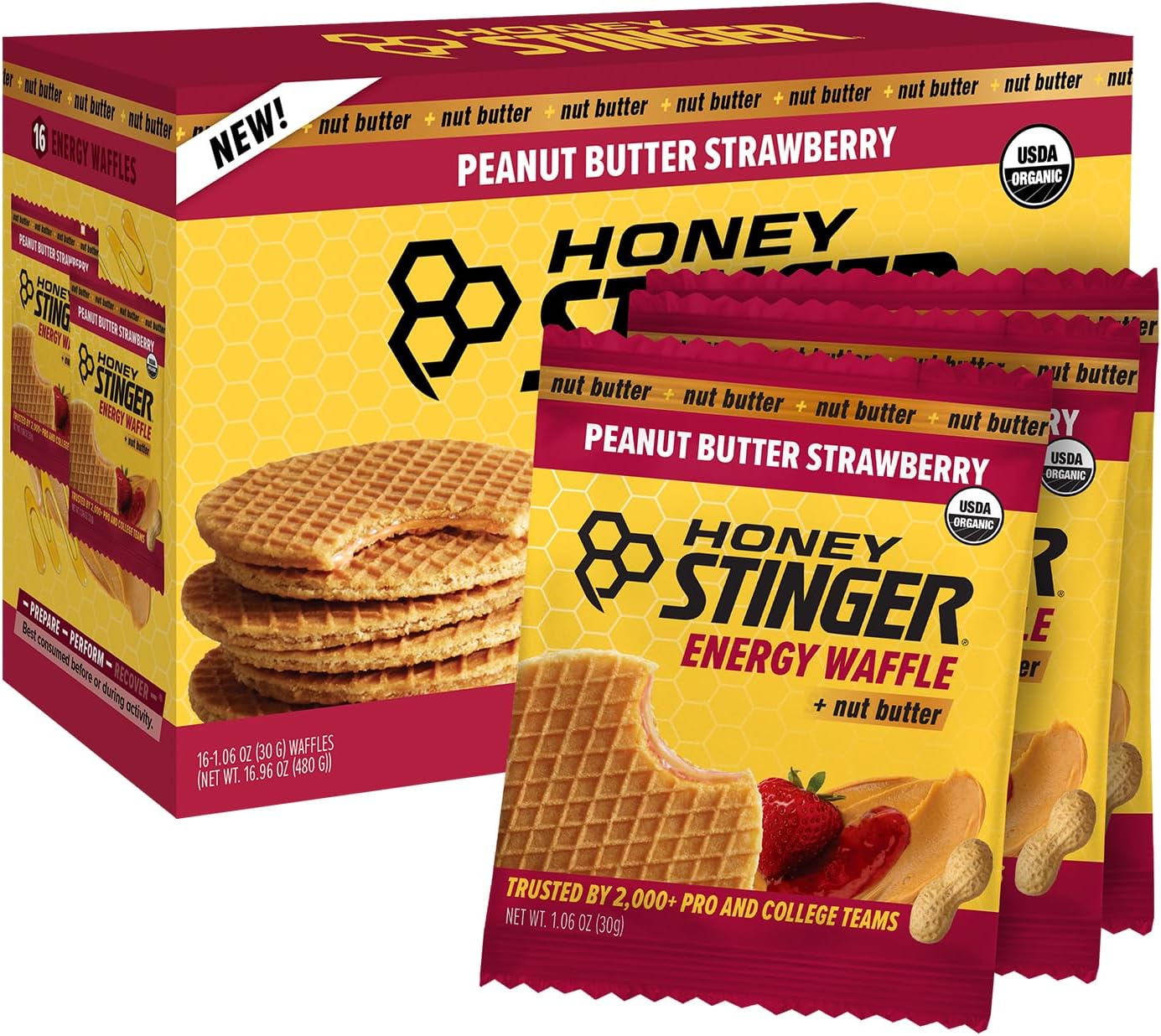 Honey Stinger Organic Peanut Butter Strawberry Waffle, Energy Stroopwafel for Exercise, Endurance and Performance, Sports Nutrition for Home & Gym, Pre & During Workout, 16.96 Ounces (Pack of 16)