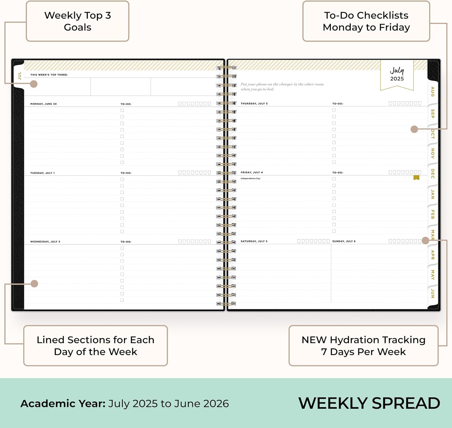 Blue Sky Day Designer Deluxe 2025-2026 Weekly and Monthly Academic Year Planner Calendar, July 2025 - June 2026, 8" x 10", Faux Leather Cover, Wirebound, Black