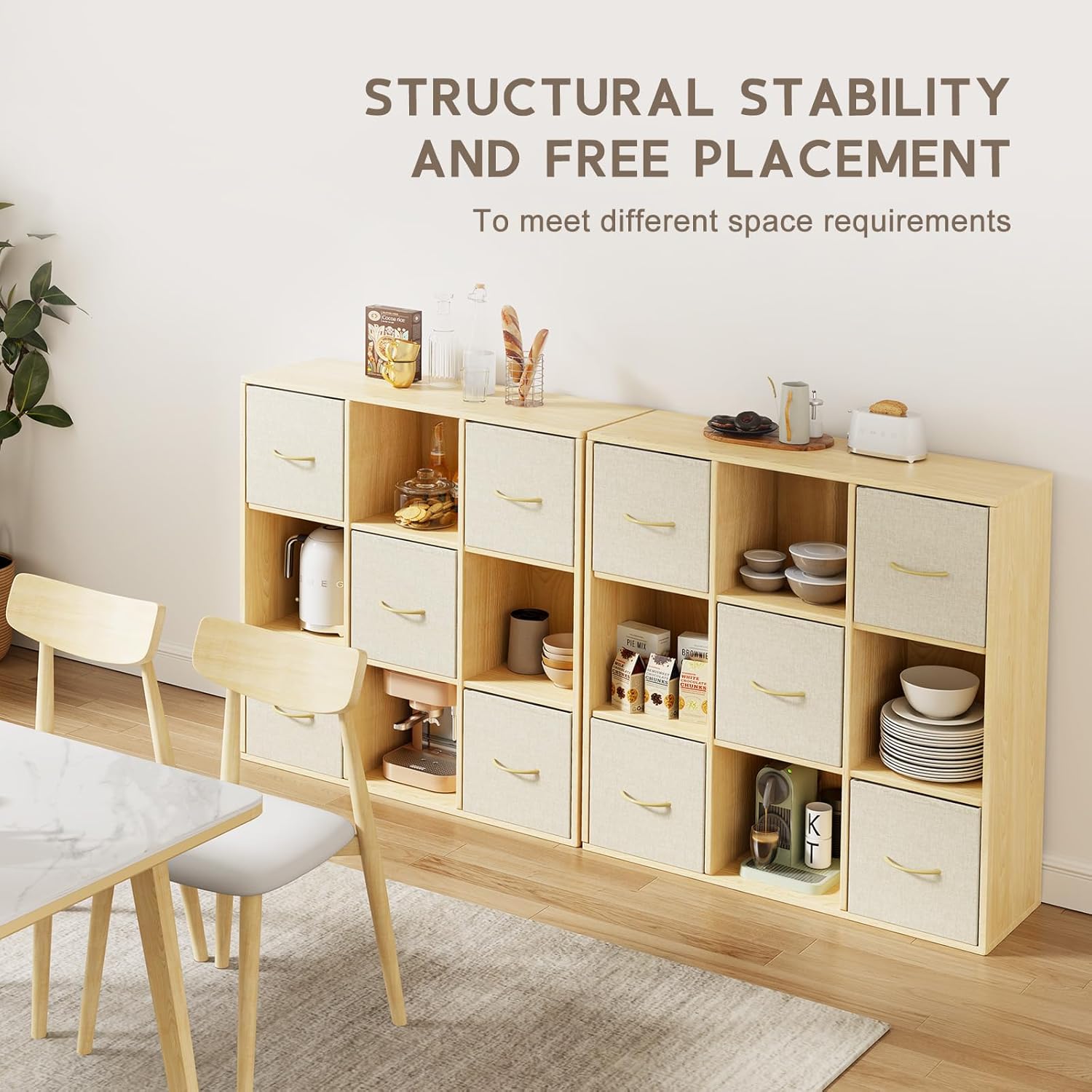 Multiple EXPERLAM cube storage units arranged horizontally in a living room