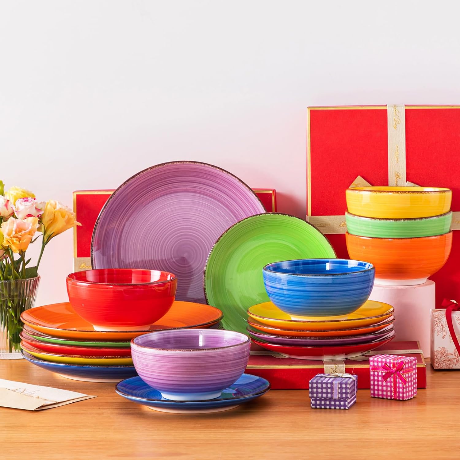 vancasso Bonita Dinnerware Set Muticolor Stoneware 18 Pieces Service for 6, Handpainted Spirals Pattern Stoneware Plates and Bowls Set - Image 8