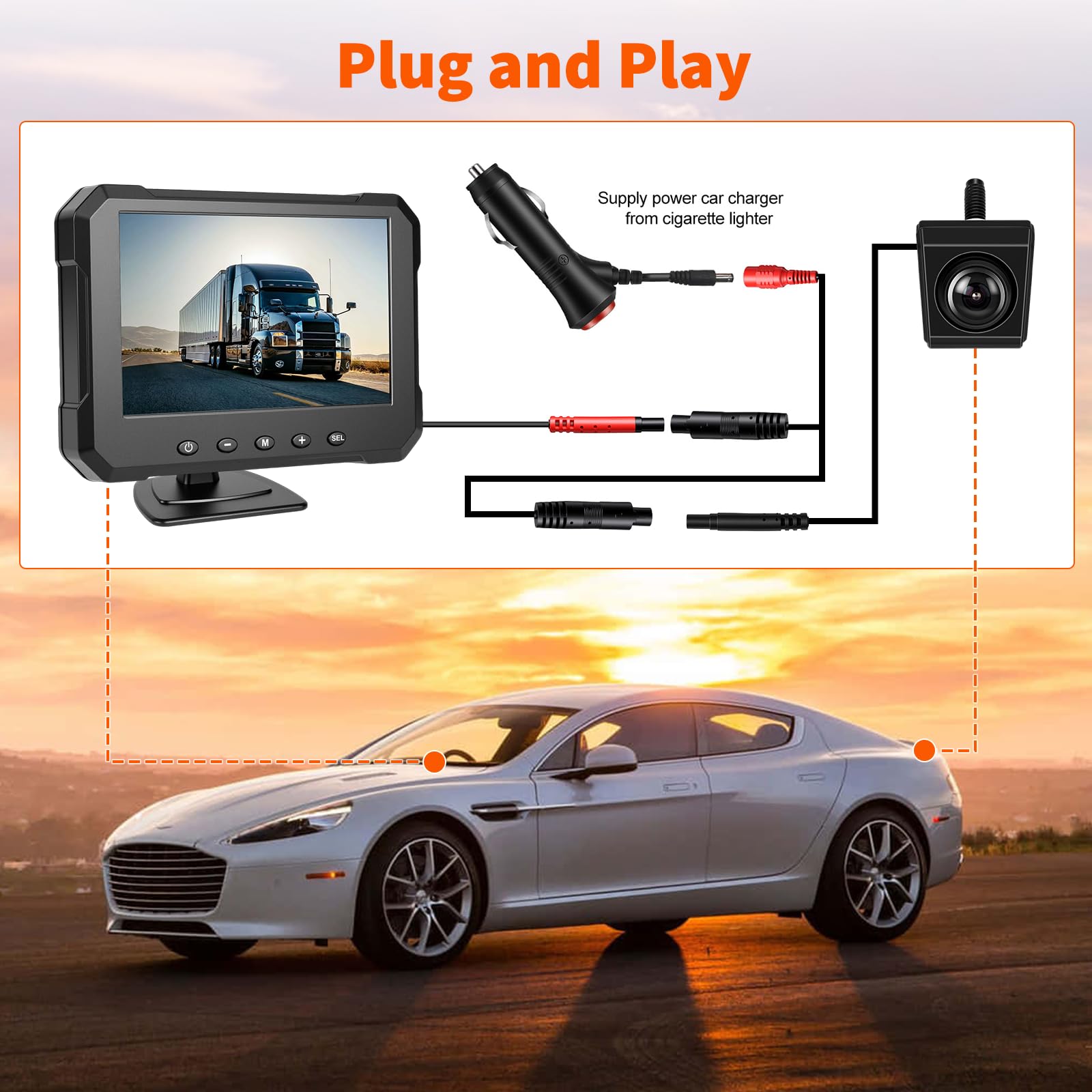 Inefala Zestaw kamer cofania z monitorem HD 5", wodoszczelność IP68, widoczność w nocy, szerokokątna kamera zapasowa z pomocnikiem wstecznym, DC 12 V-24 V do vanów, SUV-ów, ciężarówek