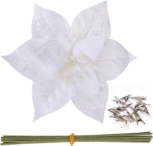 CEWOR 12 flores de Pascua artificiales de franela para árbol de Navidad, flores con clips y tallos para bodas, fiestas, árbol de Navidad, 6.7