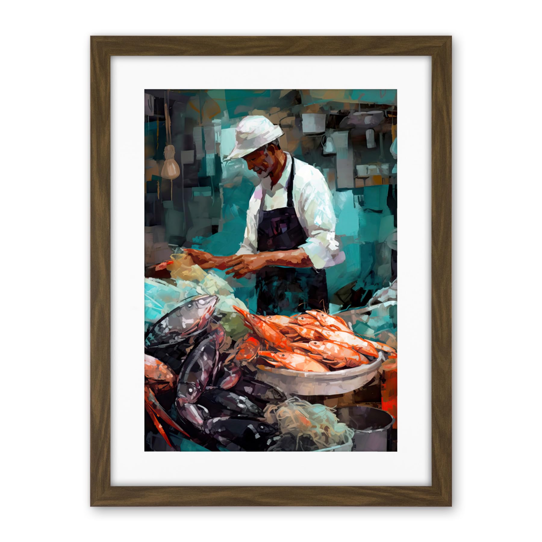 Artery8 Market Fishmonger Selling Fresh Catch Seafood Artwork Framed Wall Art Print 18X24 Inch