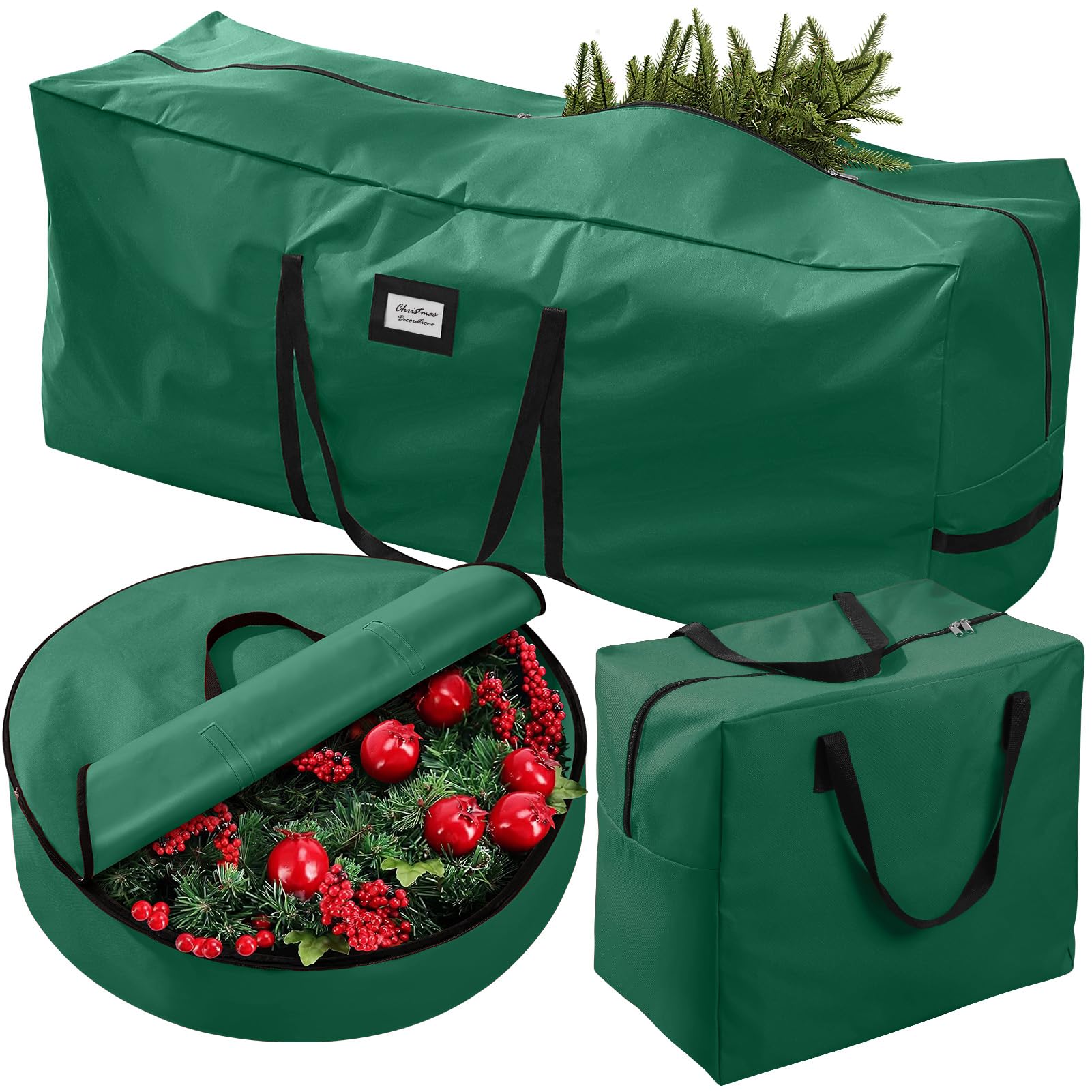 3 Pack Christmas Tree Storage Bag, for Artificial Trees up, Sturdy Waterproof With Reinforced Carrying Handles, Xmas Holiday Garland Bag Storage Case (Green, 9 Ft)