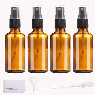 2oz Amber Glass Spray Bottles, 4 Pack Small Spray Bottle Mist Sprayer, Mini Travel Empty Fine Mist Spray Bottles with Funnel Dropper for Essential Oils, Hair, Perfume, Plants