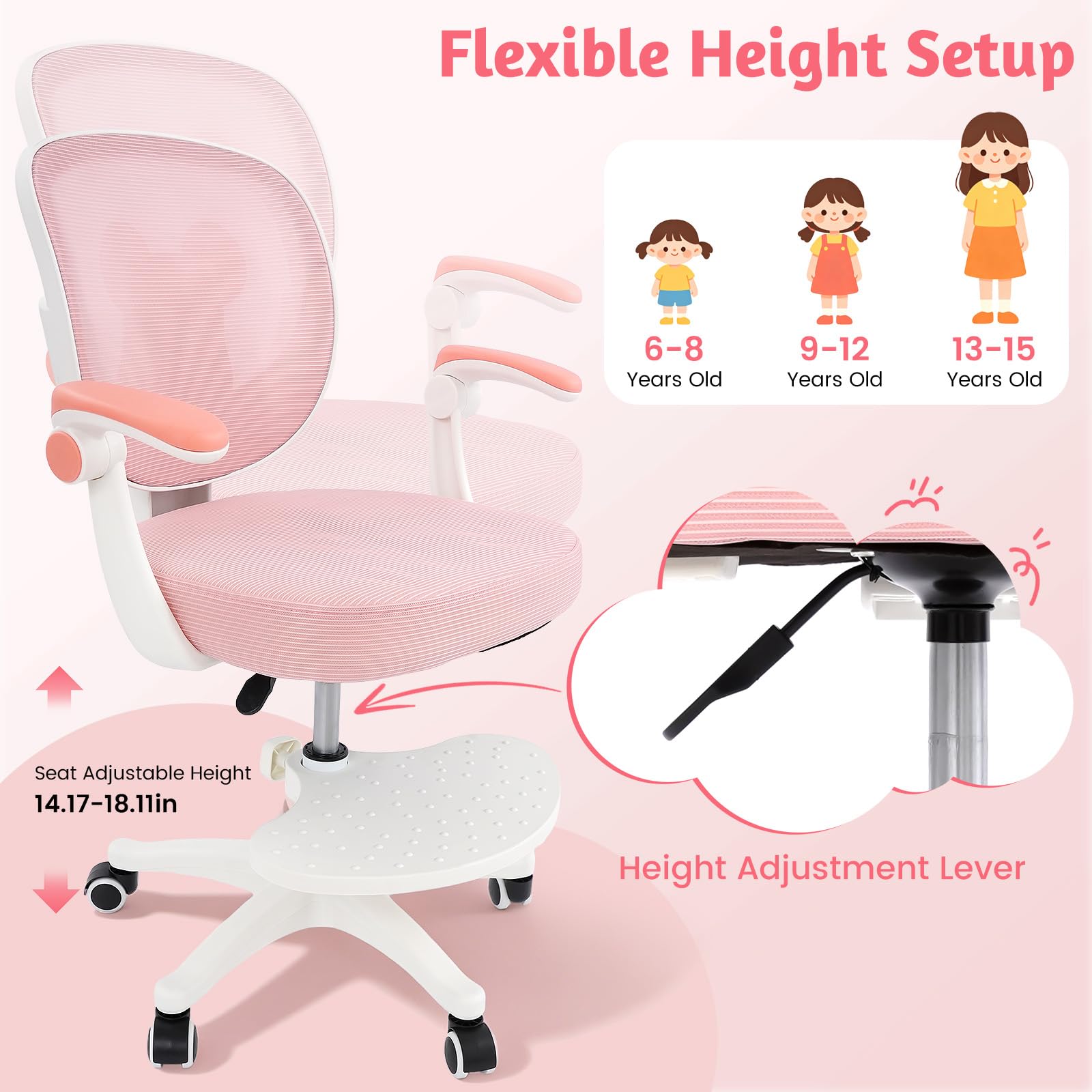 Sedia da scrivania per bambini, ergonomica, con seduta regolabile in altezza (36-46 cm), girevole a rete, per ragazzi e ragazze, adatta per camera da letto, compiti, lettura