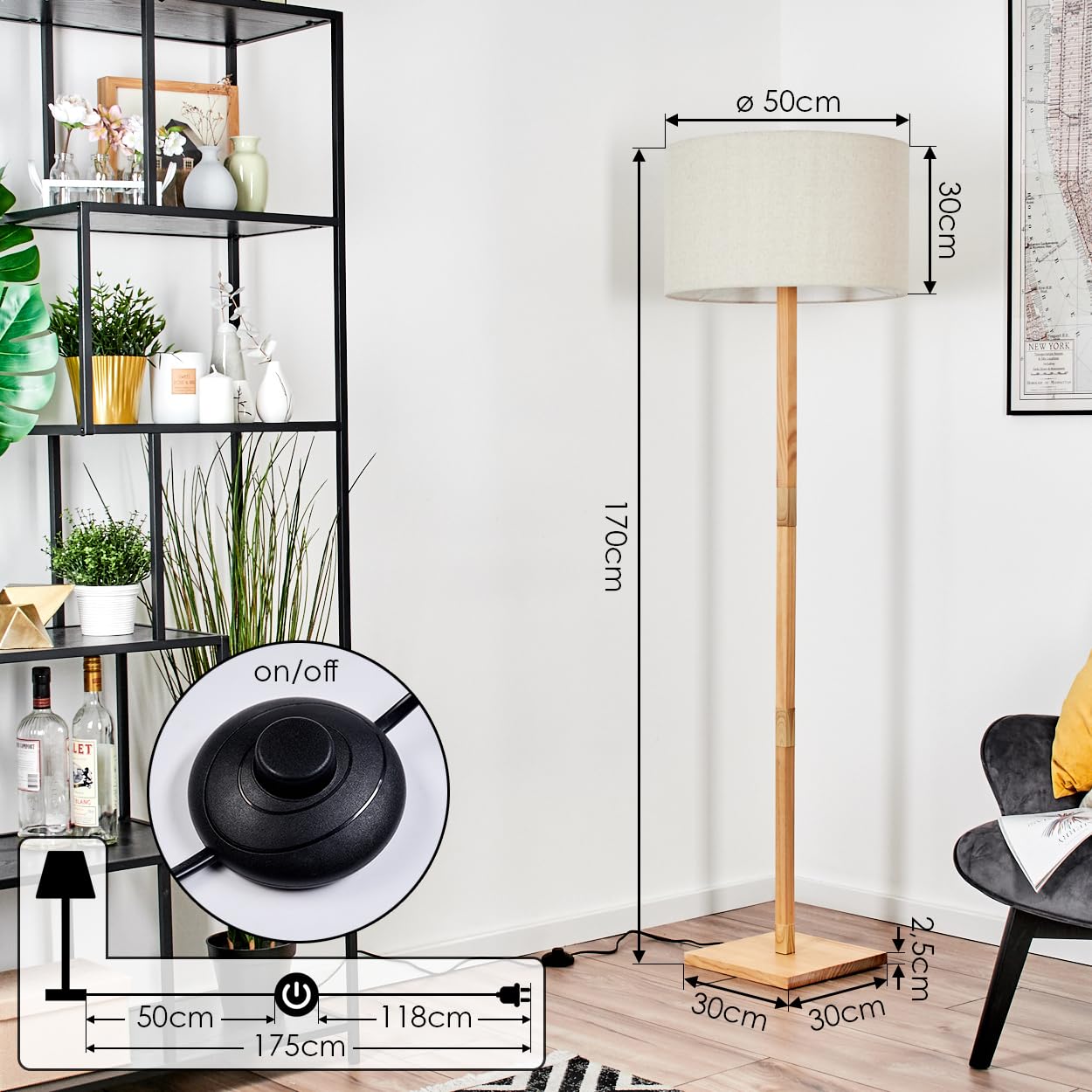 HOFSTEIN Stehleuchte Flemming, Stehlampe aus Holz im modernen Boho-Design, Schirm aus Stoff, Ø 50 cm, 170 cm, E27, mit Fußschalter - Wohnzimmer, Schlafzimmer, Esszimmer, Flur